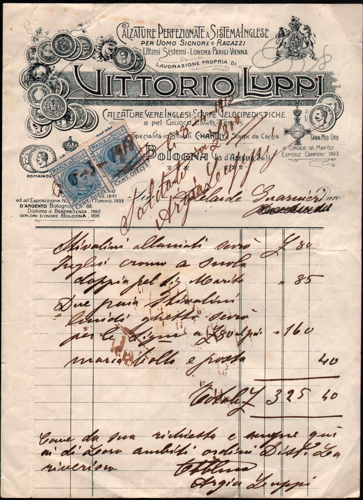 Calzature-Vittorio Luppi Bologna-Fattura Per Acquisto Di Stivalini-1918