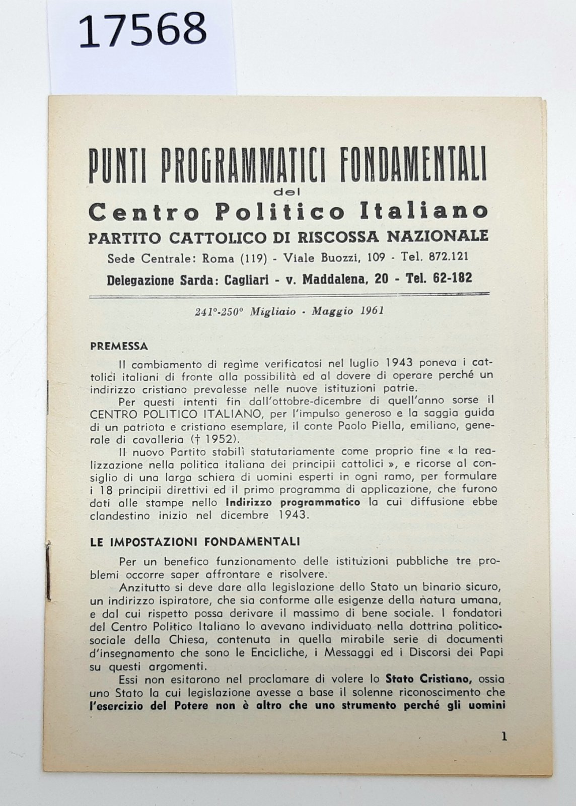 Delegazione Sarda Cagliari Punti programmatici partito cattolico di riscossa nazionale …
