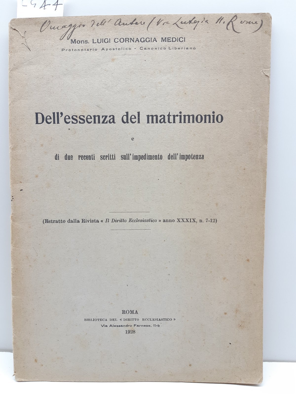 Diritto ecclesiastico Dell'essenza Del Matrimonio-Impedimento Dell'impotenza-1928