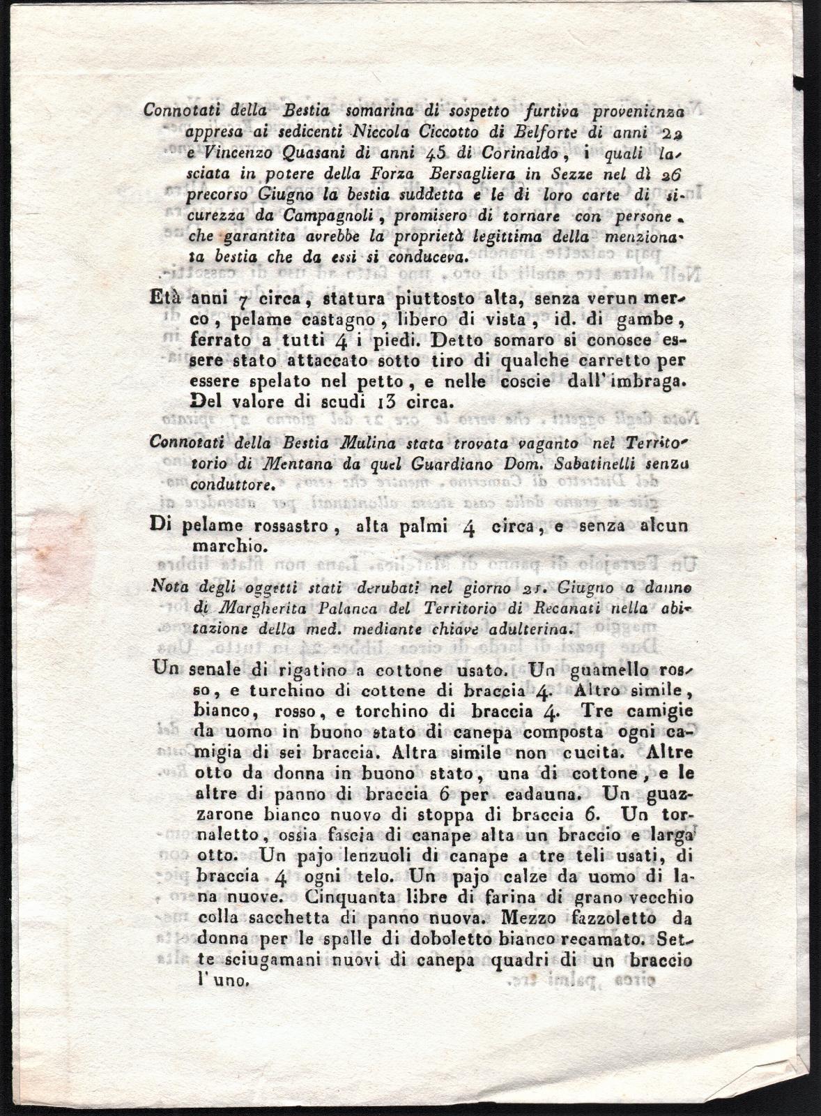 Furti avvenuti a Mentana (Roma)-Recanati-Norcia-Stazzano (Roma)1842-Elenco beni