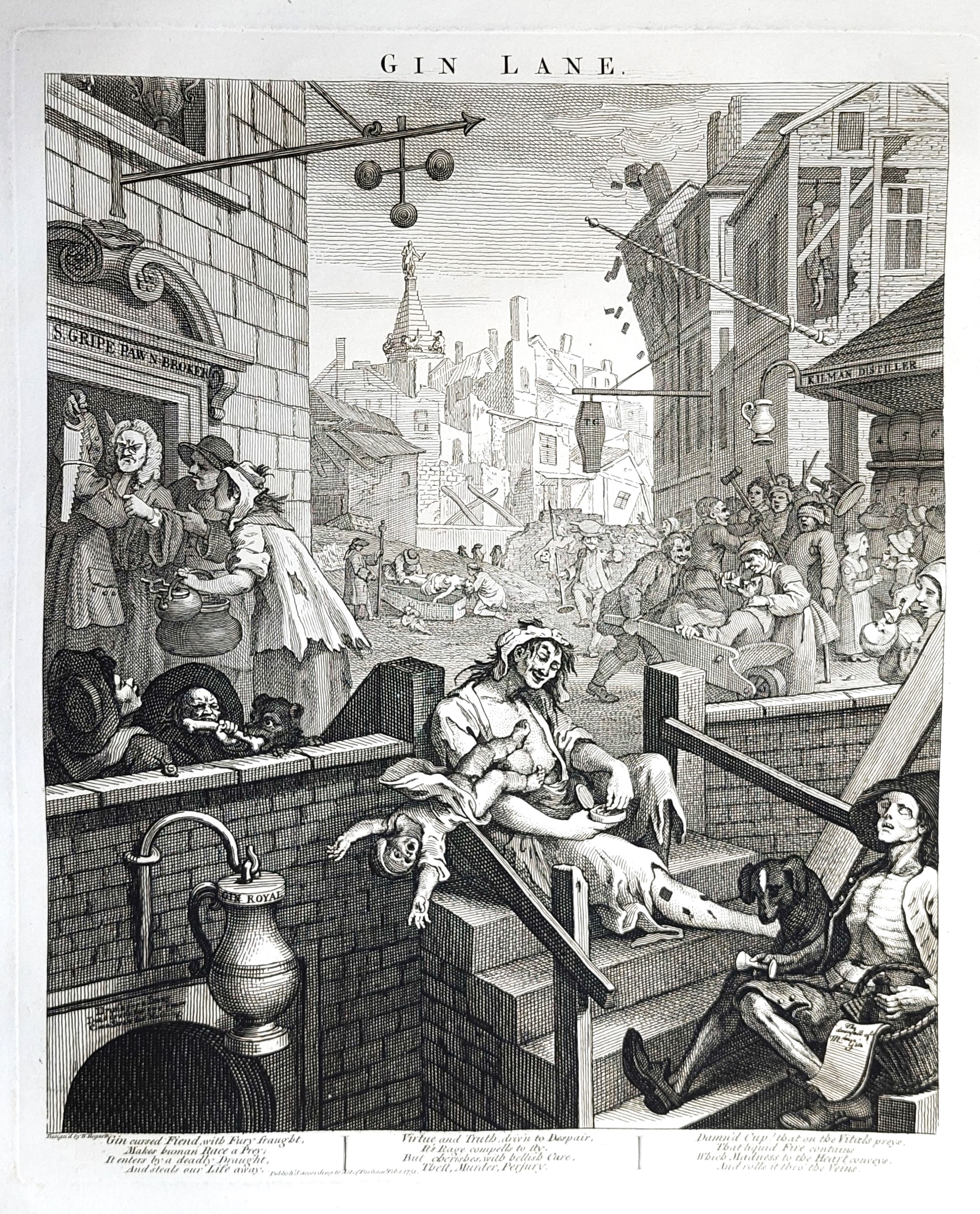 Stampa antica Antique print Original Autore William Hogarth Gin Lane …