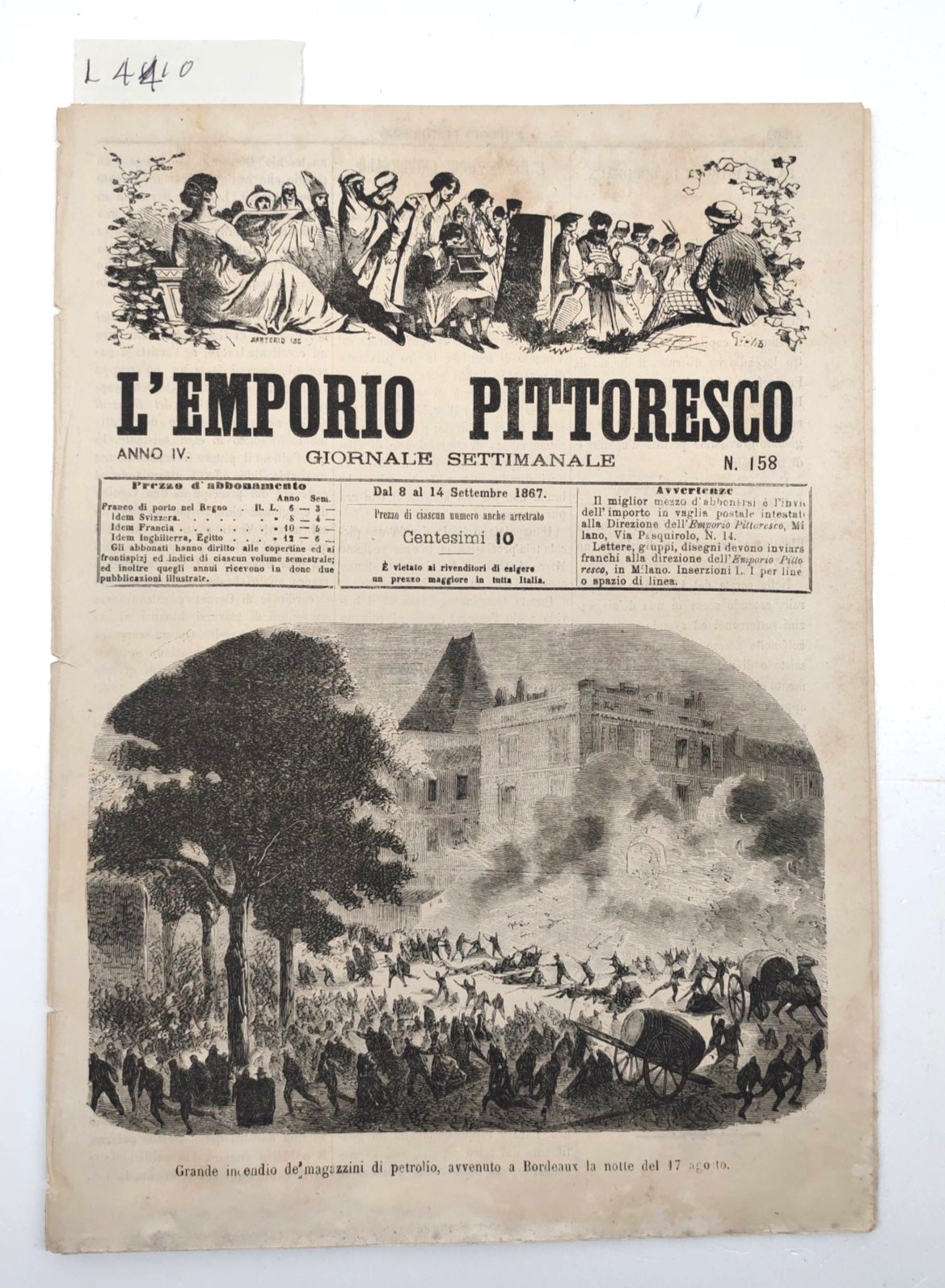 Giornale settimanale L'emporio pittoresco numero 158 settembre 1867