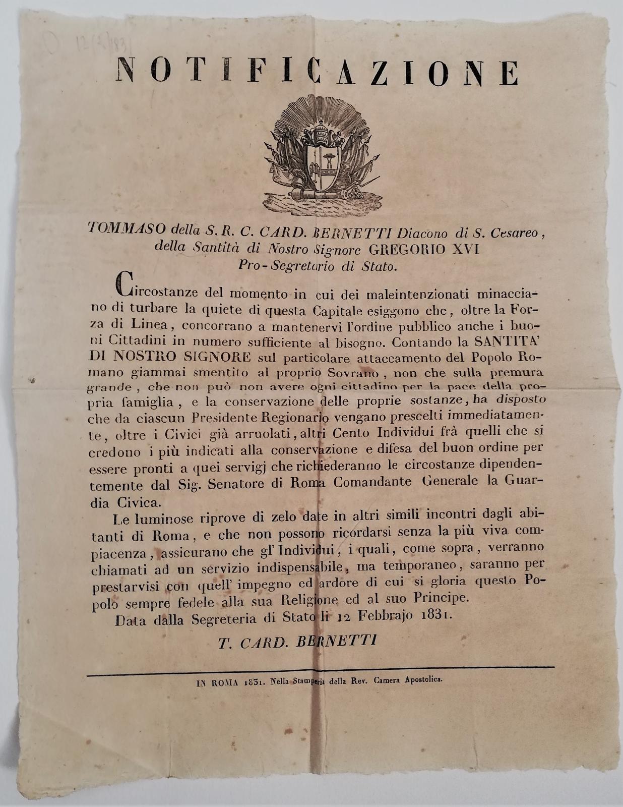 Gregorio XVI vistosi minacciato dagli insorti arruola 100 individui