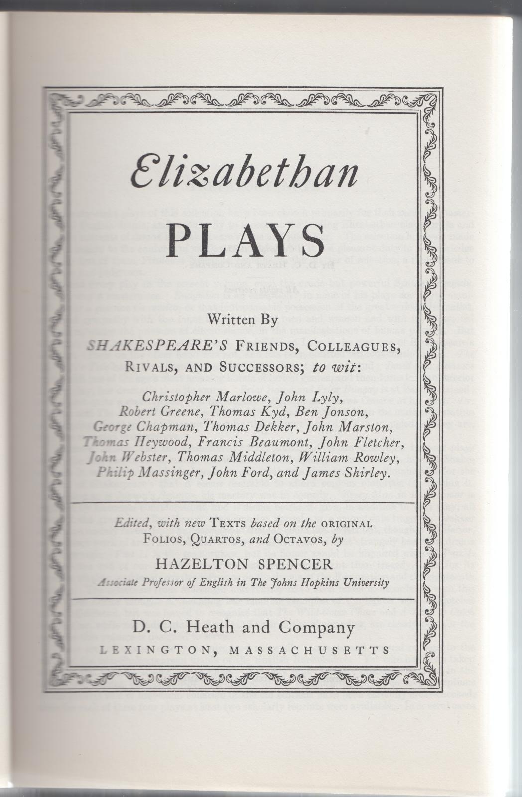 H. Spencer- Elizabethan Plays -Lexington Massachusetts 1933-L3666