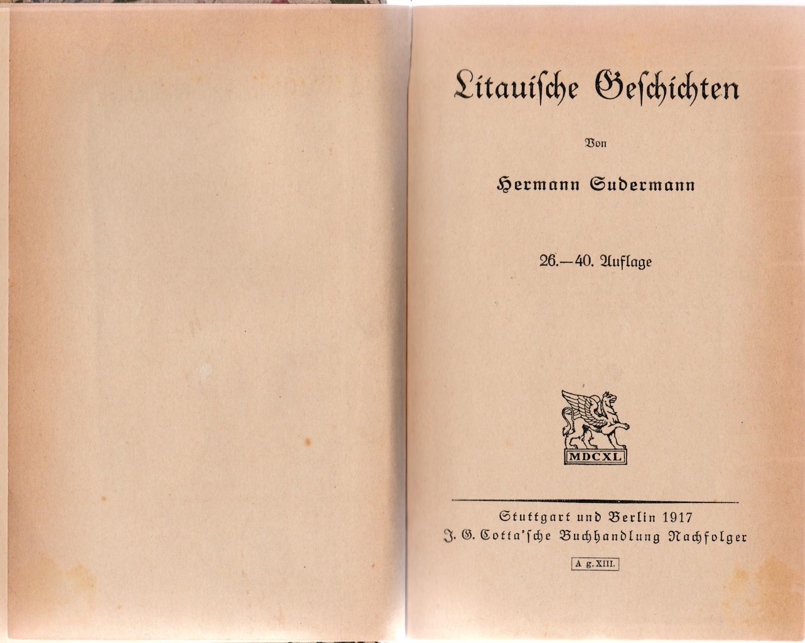 Hermann Sudermann - Litauische Geschichten Stuttgart Und Berlin 1917-L4273