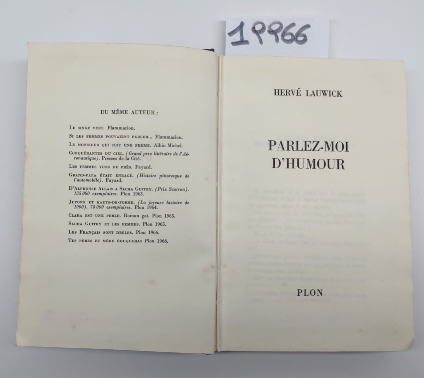 Herve Lauwick Parlez-moi d'humour Plon 1967