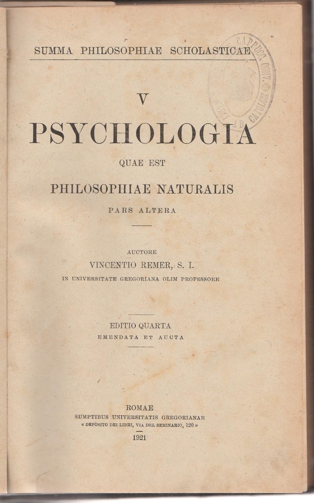 V. Remer Psychologia Quae Est Philosophiae Naturalis 4∞ Ed. 1921 …
