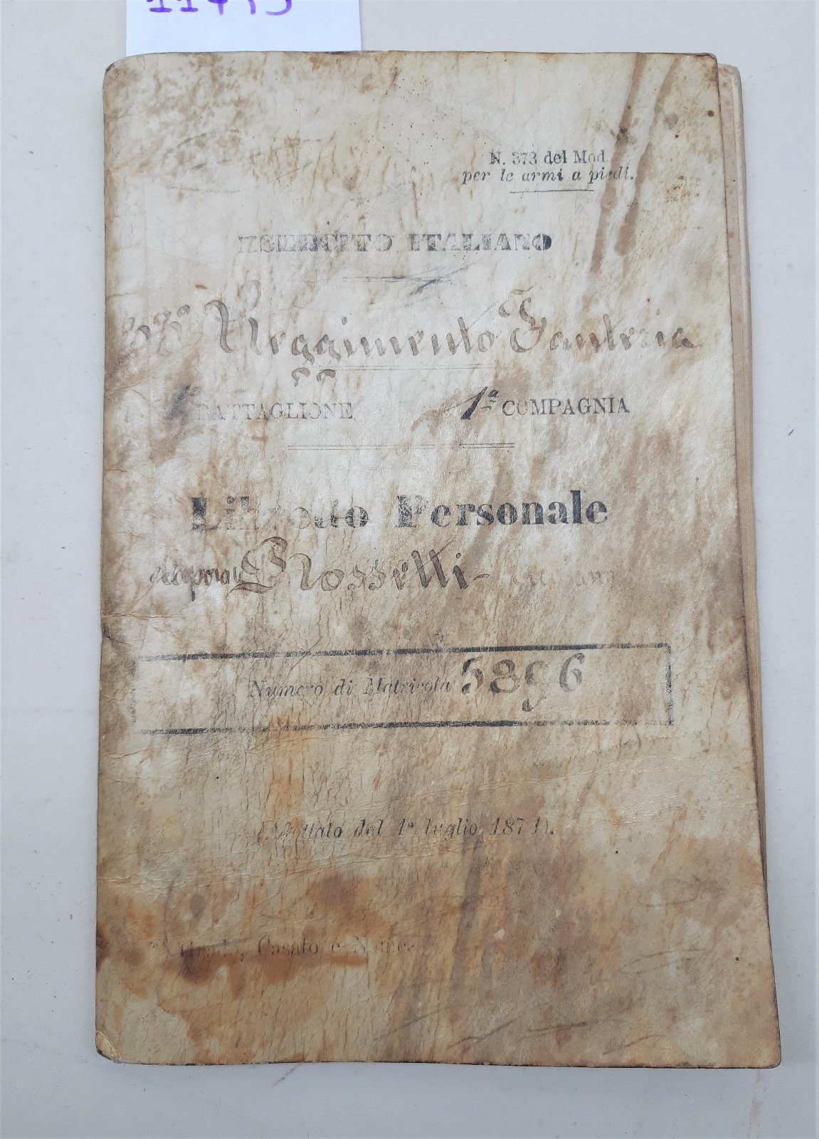 Libretto personale Esercito Italiano 33∞ Reggimento Fanteria 1878