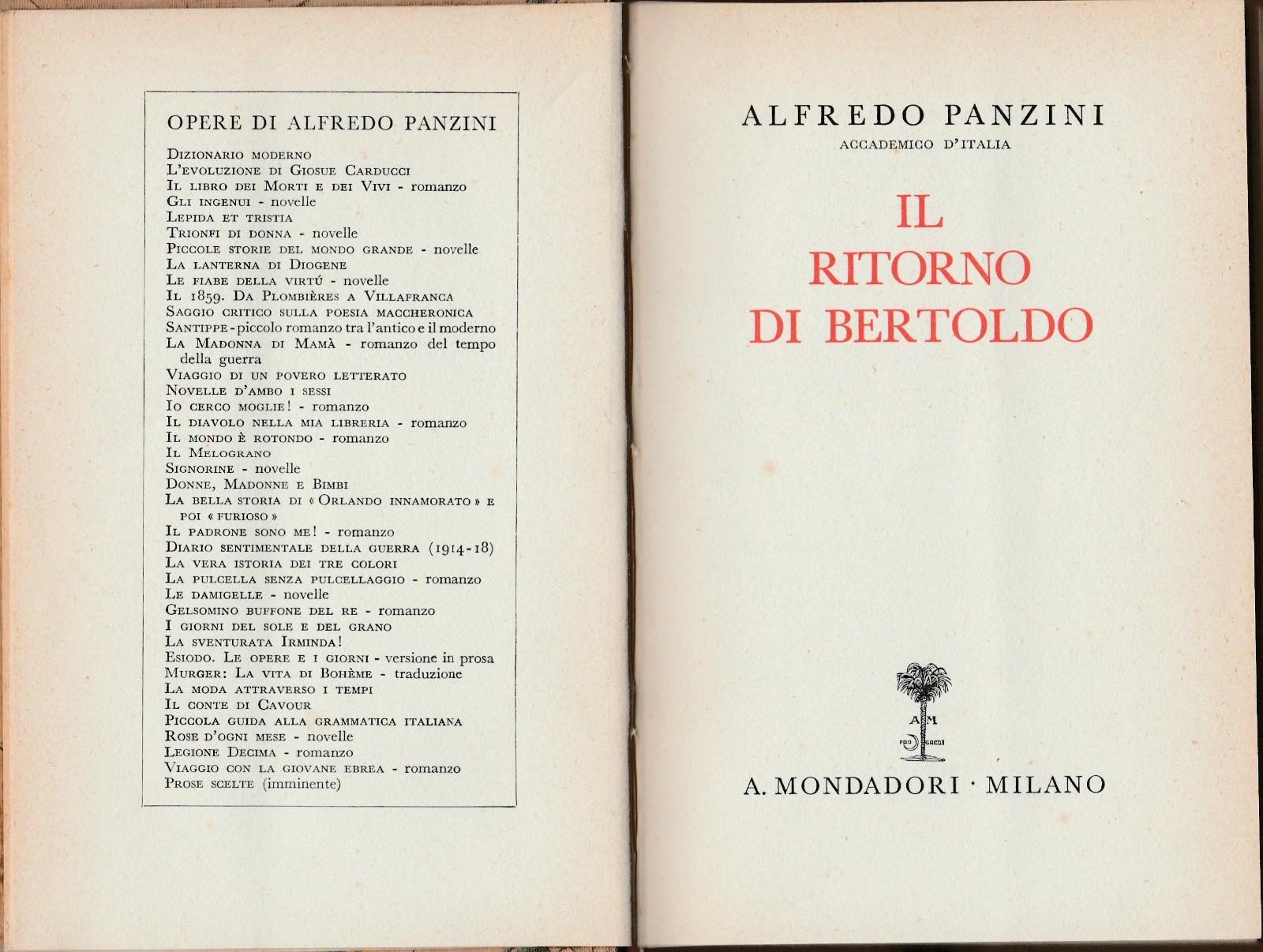 Alfredo Panzini Il Ritorno Di Bertoldo A. Mondadori 1936