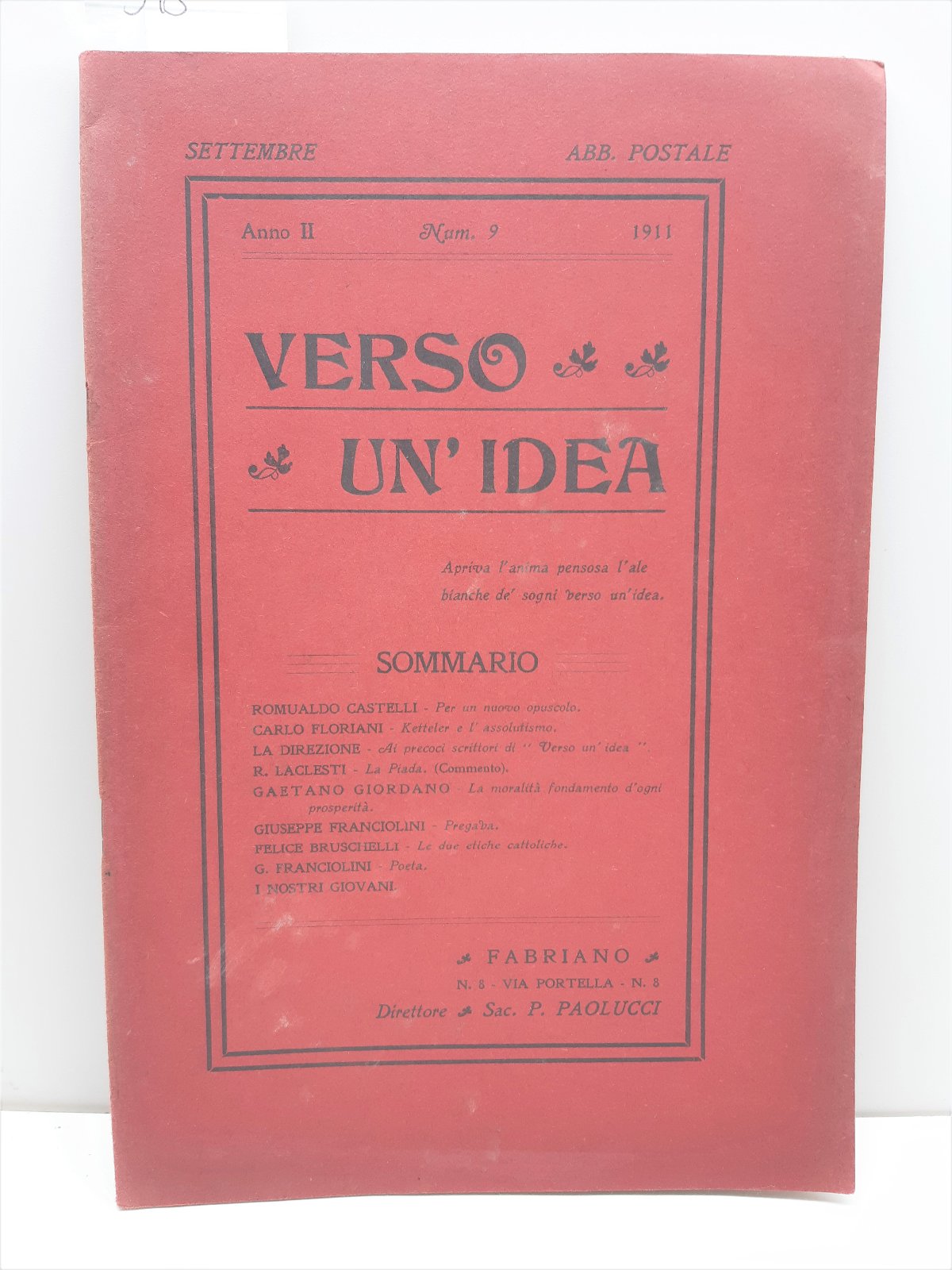 Rivista Verso Un'idea Settembre n. 9 1911 Diocesi Fabriano-Matelica