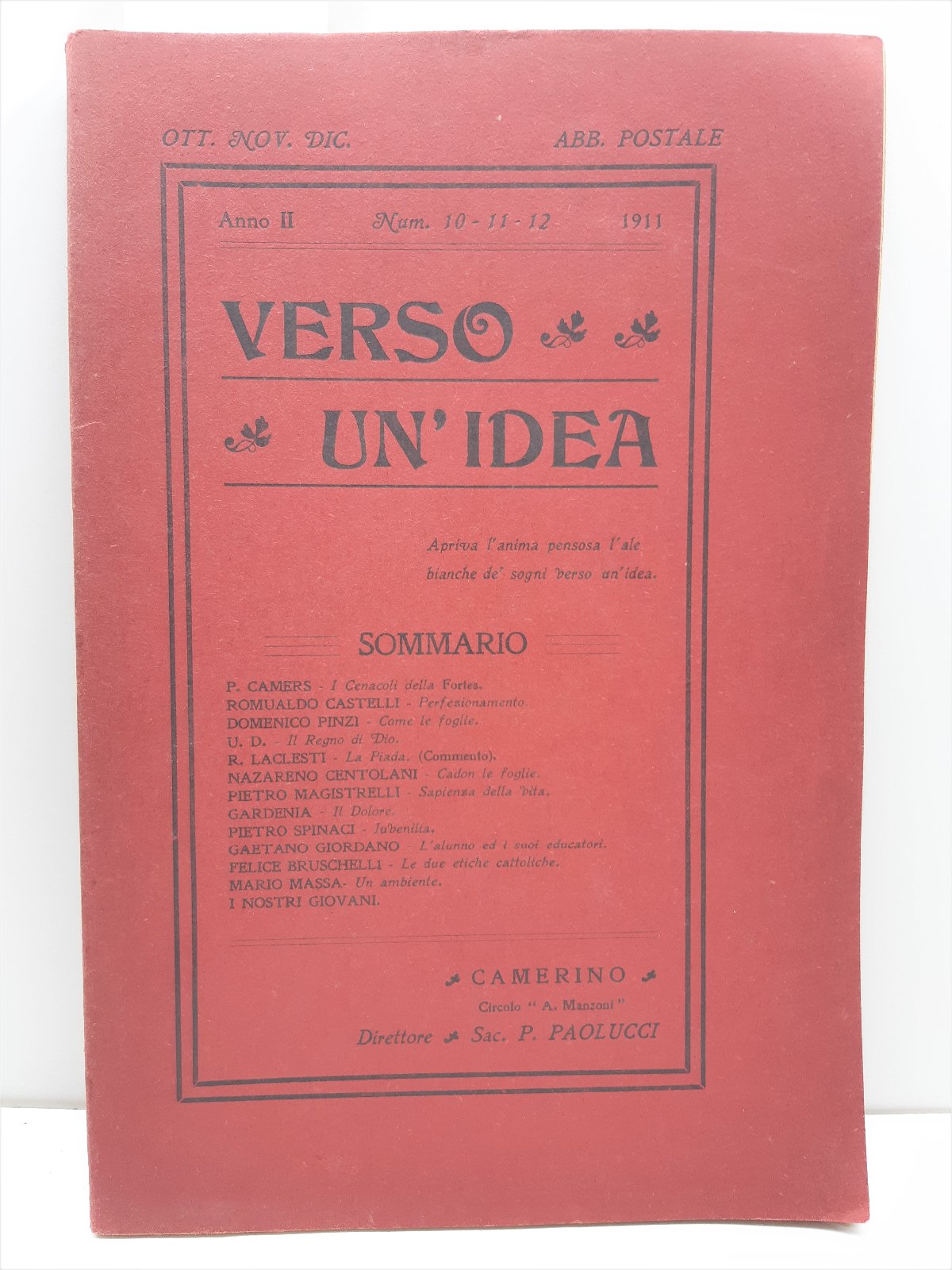 Rivista Verso Un'idea Ottobre-Novembren. 10 1911 Diocesi Fabriano-Matelica