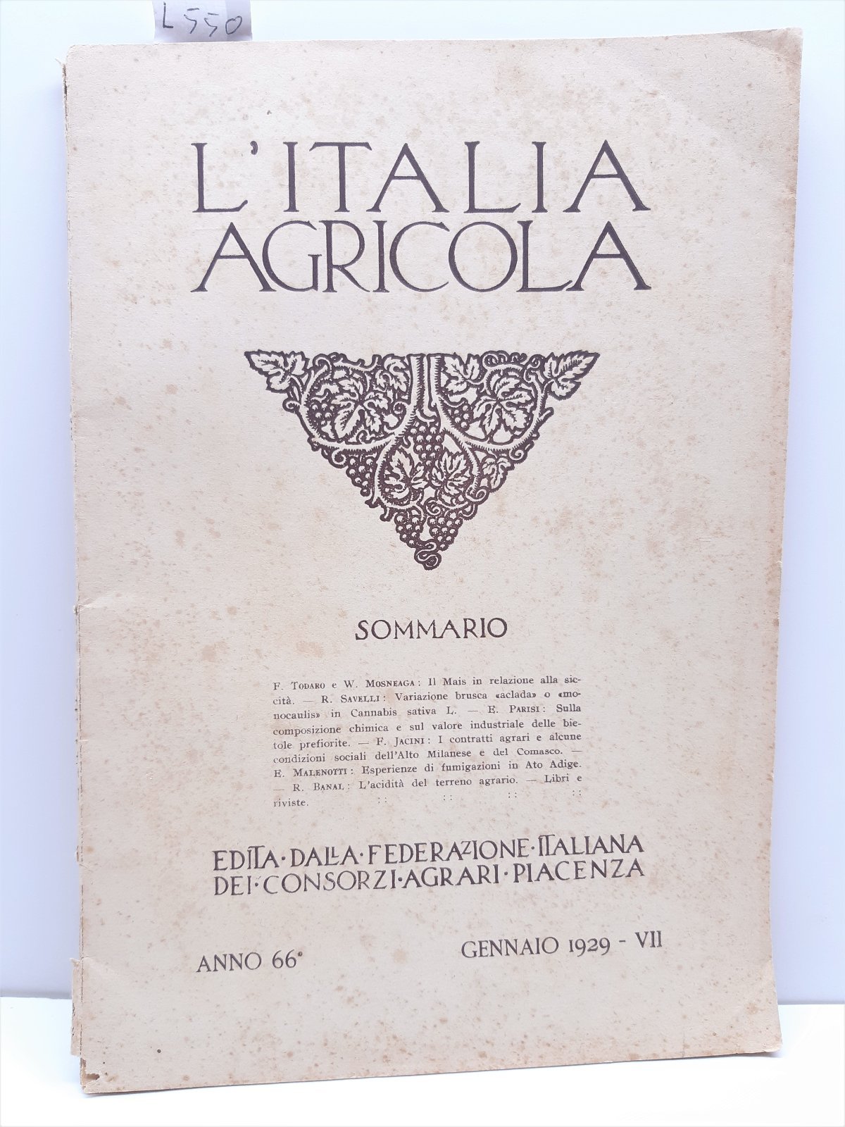L'Italia agricola gennaio 1929 Federazione italiana dei consorzi agrari Piacenza