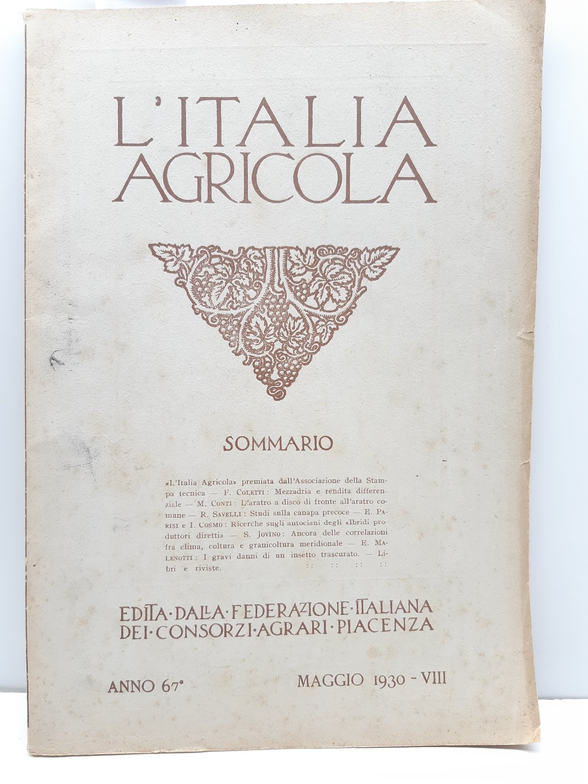 L'Italia agricola Maggio 1930 Federazione italiana consorzi agrari Piacenza