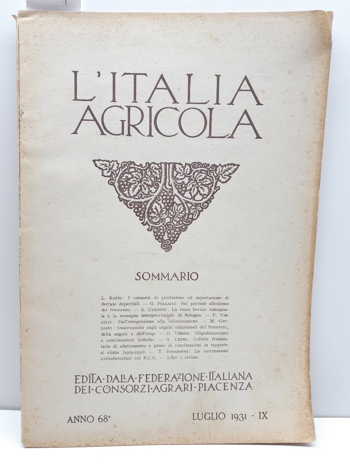 L'Italia agricola luglio 1931 Federazione italiana consorzi agrari Piacenza