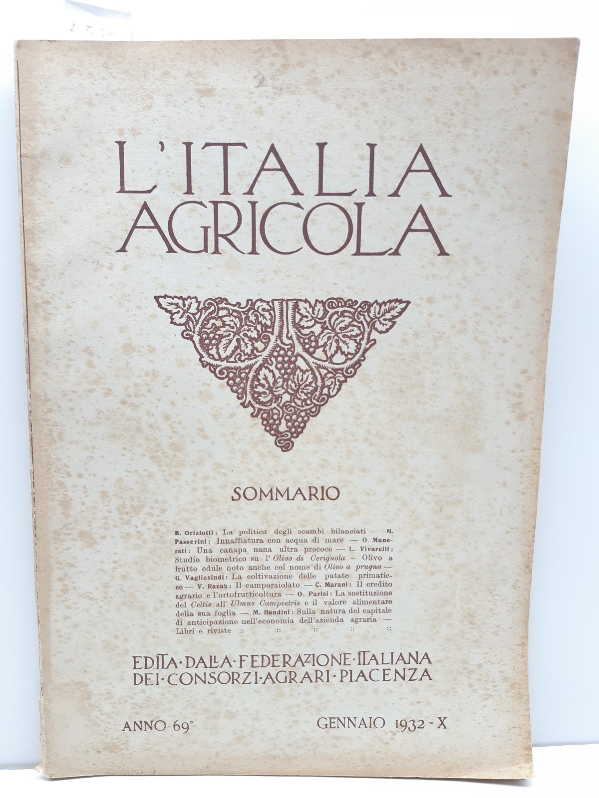 L'Italia agricola gennaio 1932 Federazione italiana consorzi agrari Piacenza