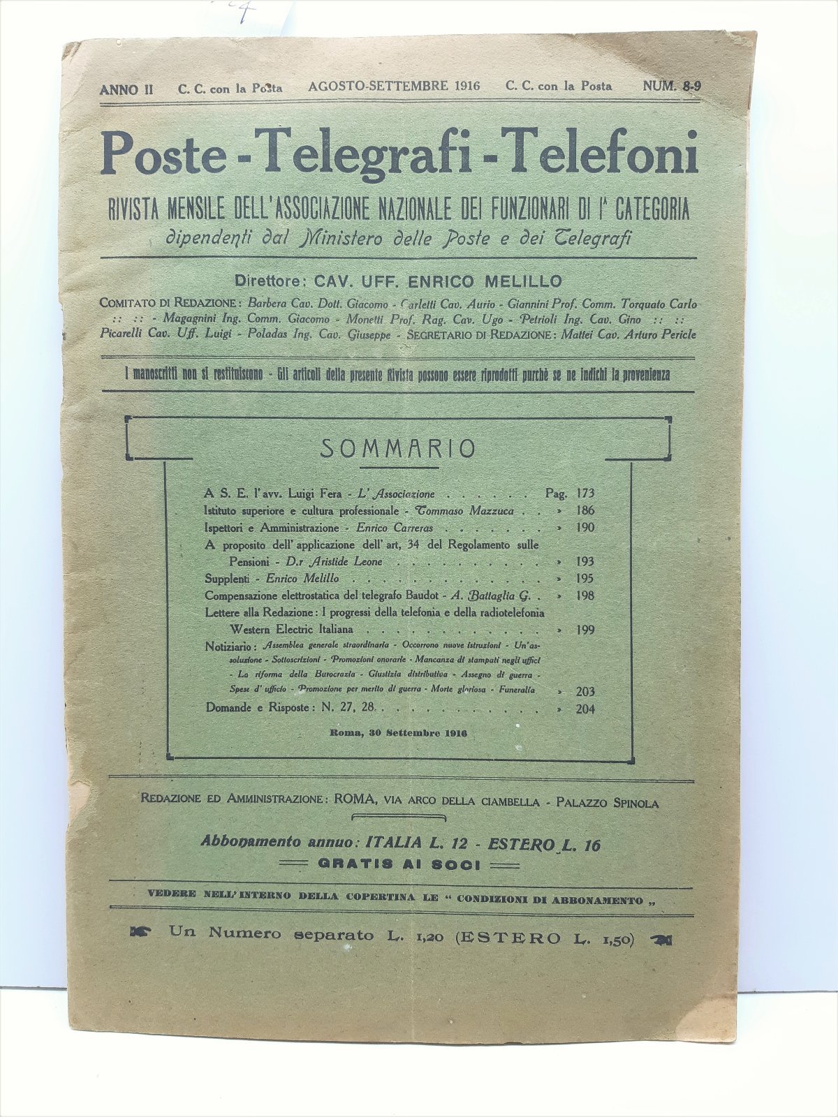 Poste telegrafi telefoni 1916 numero 8 e 9 Rivista Mensile …