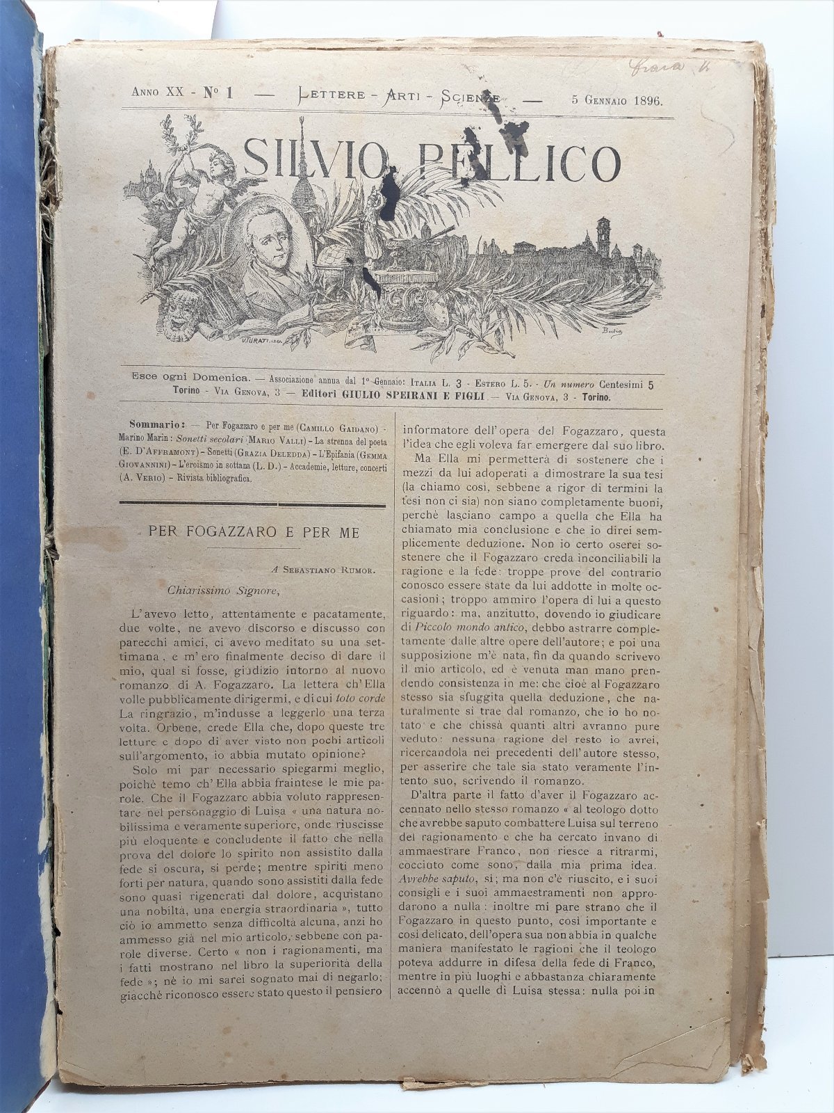 Rivista Settimanale di lettere Arti e scienze Silvio Pellico 1896 …