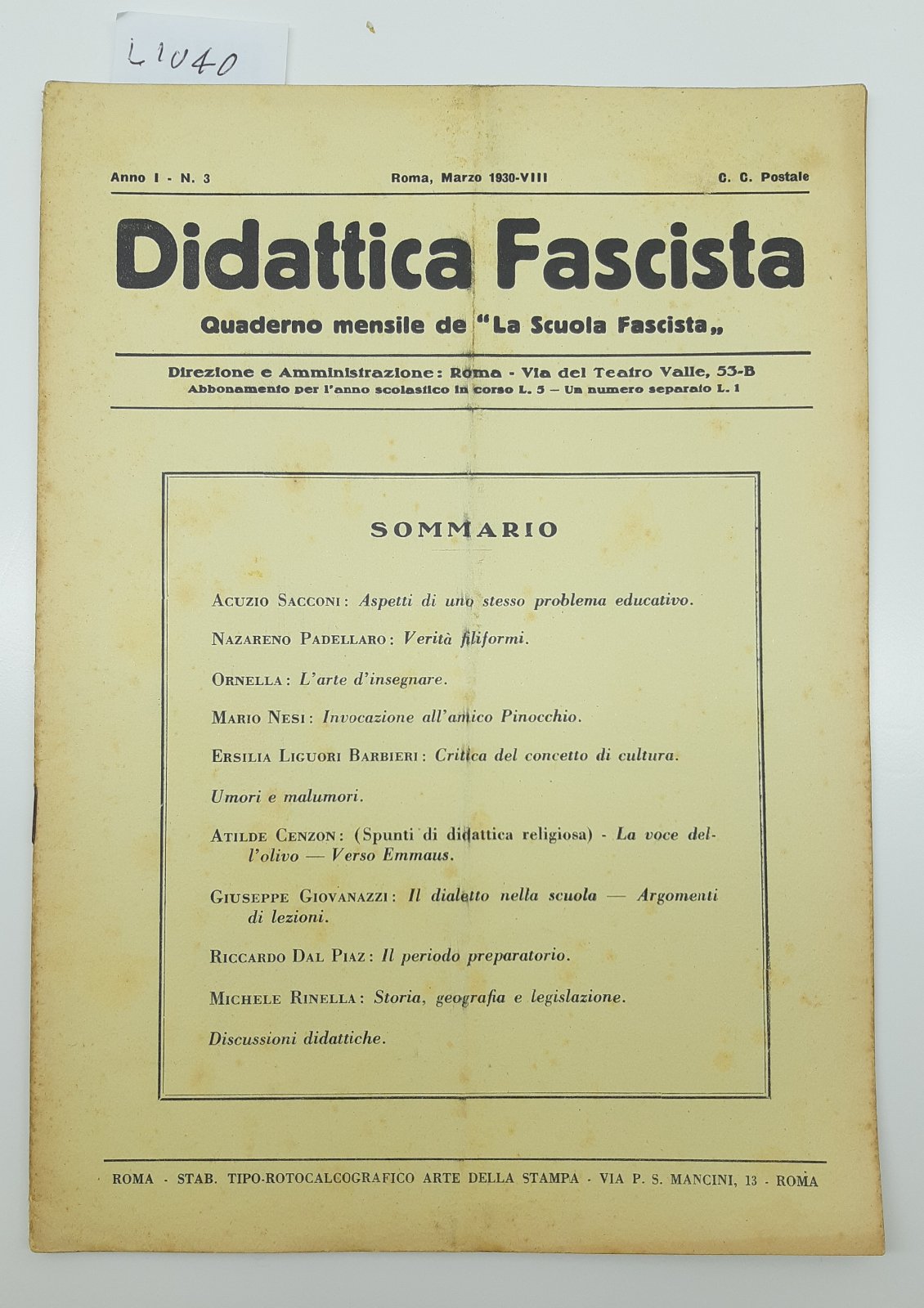 Didattica fascista quaderno mensile della scuola fascista numero 3 1930