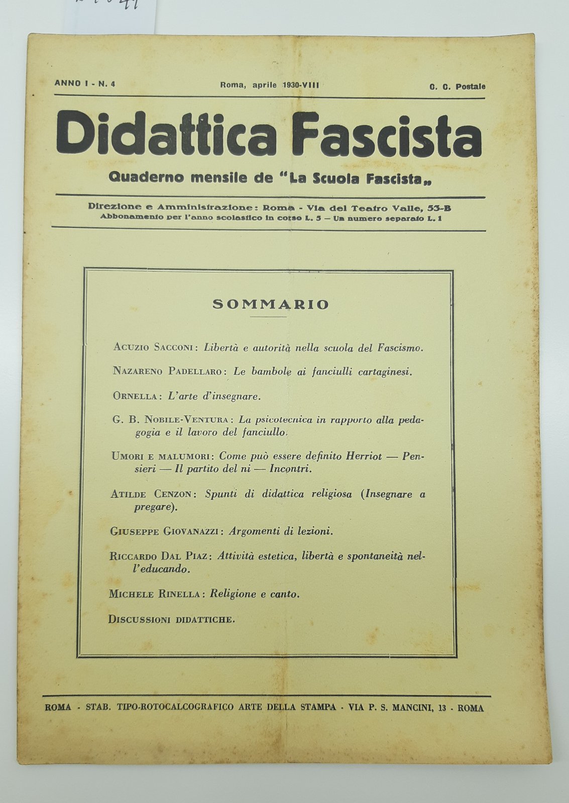 Didattica fascista quaderno mensile della scuola fascista numero 4 1930