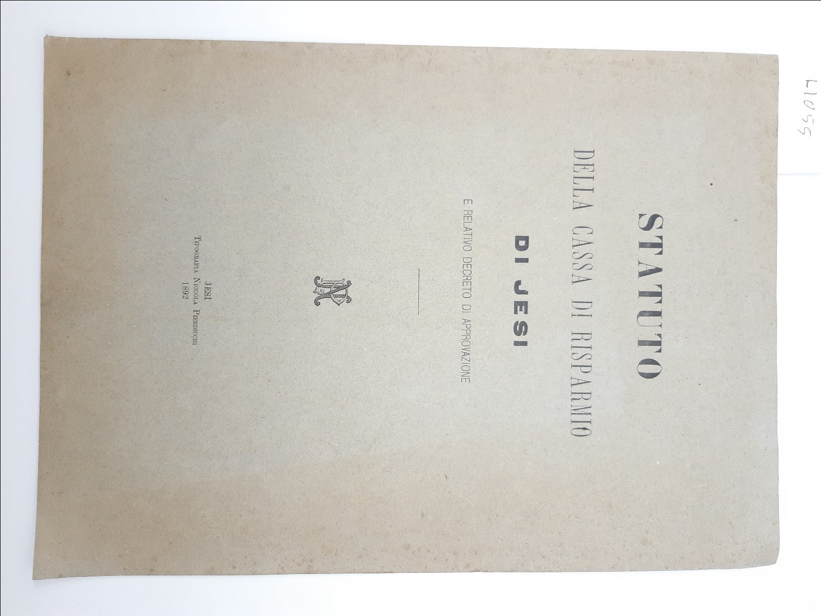 Statuto Della Cassa Di Risparmio Di Jesi -Jesi 1892