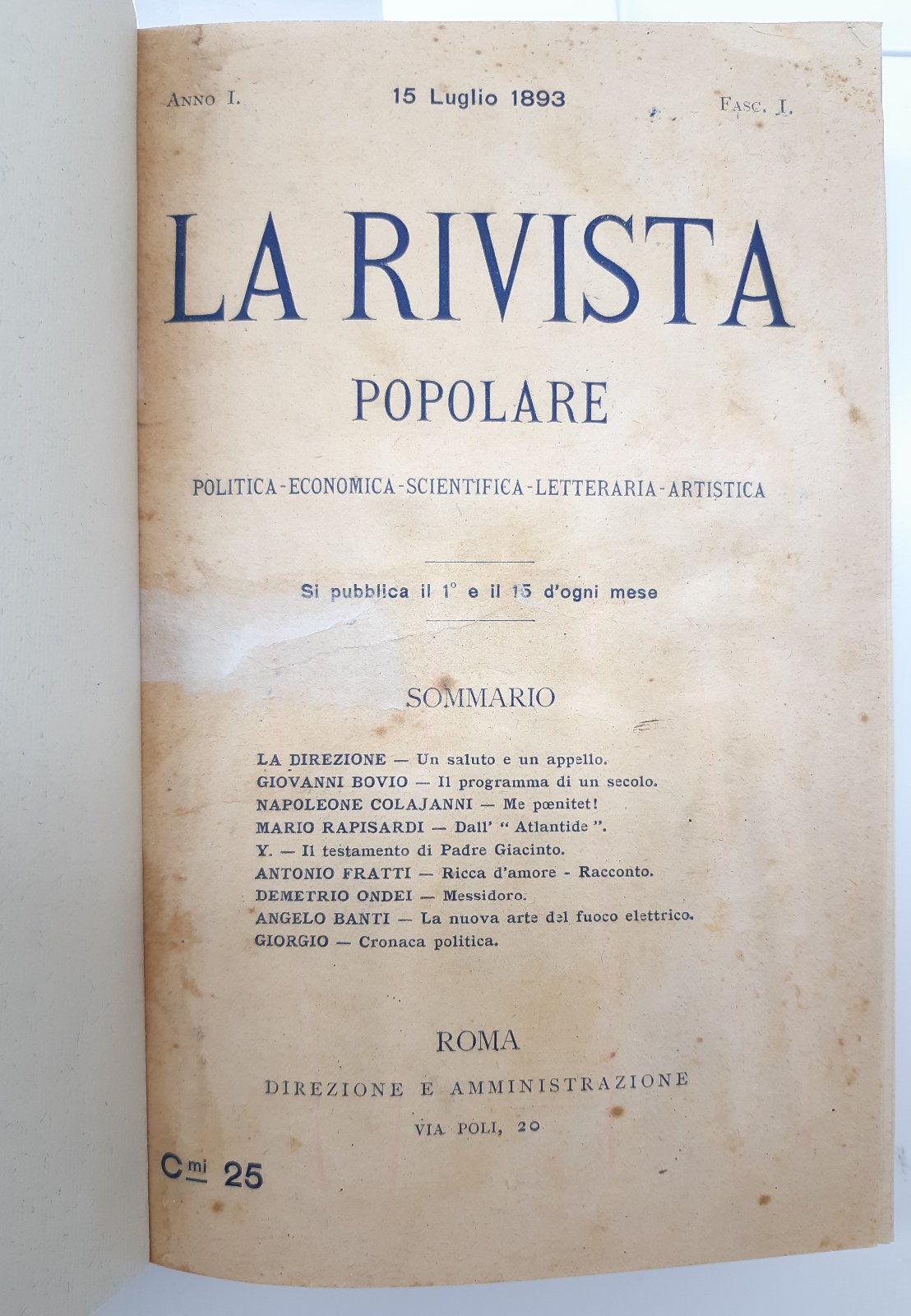 Mazzini Raccolta La rivista Popolare politica economia scientifica letteraria artistica …