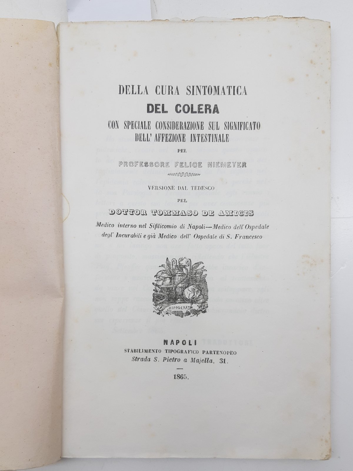F. Niemeyer Della cura sintomatica del colera affezione intestinale Napoli …
