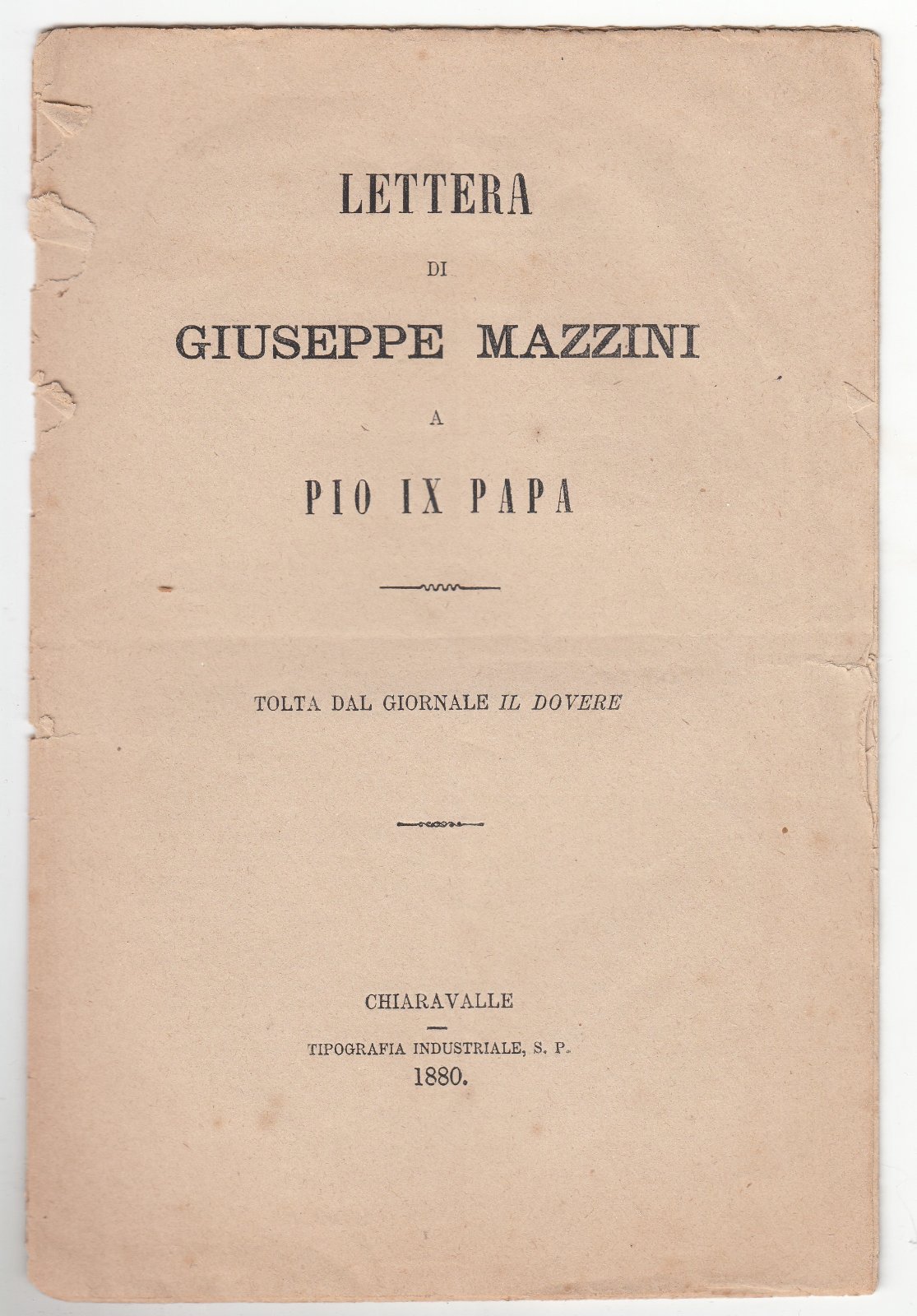 Lettera di Giuseppe Mazzini a Pio IX Papa tolta dal …