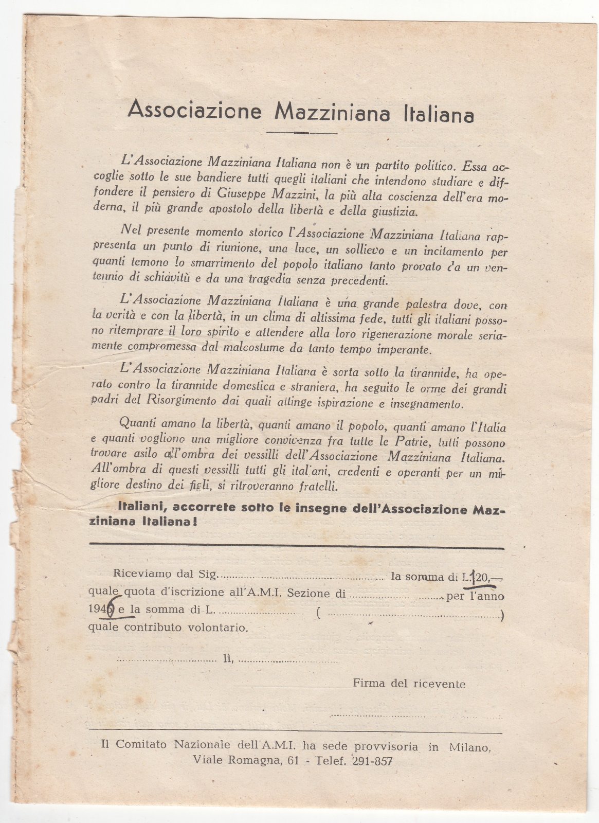 Domanda d'iscrizione all' Associazione Mazziniana Italiana 1946