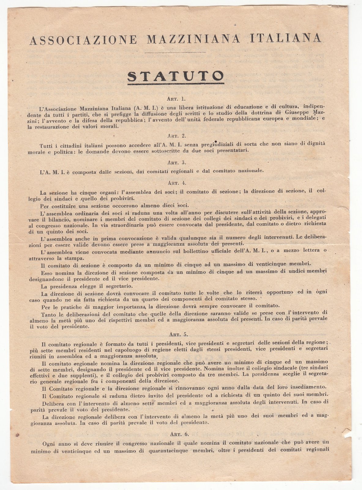 Volantino Dell'associazione Mazziniana Italiana Statuto senza data