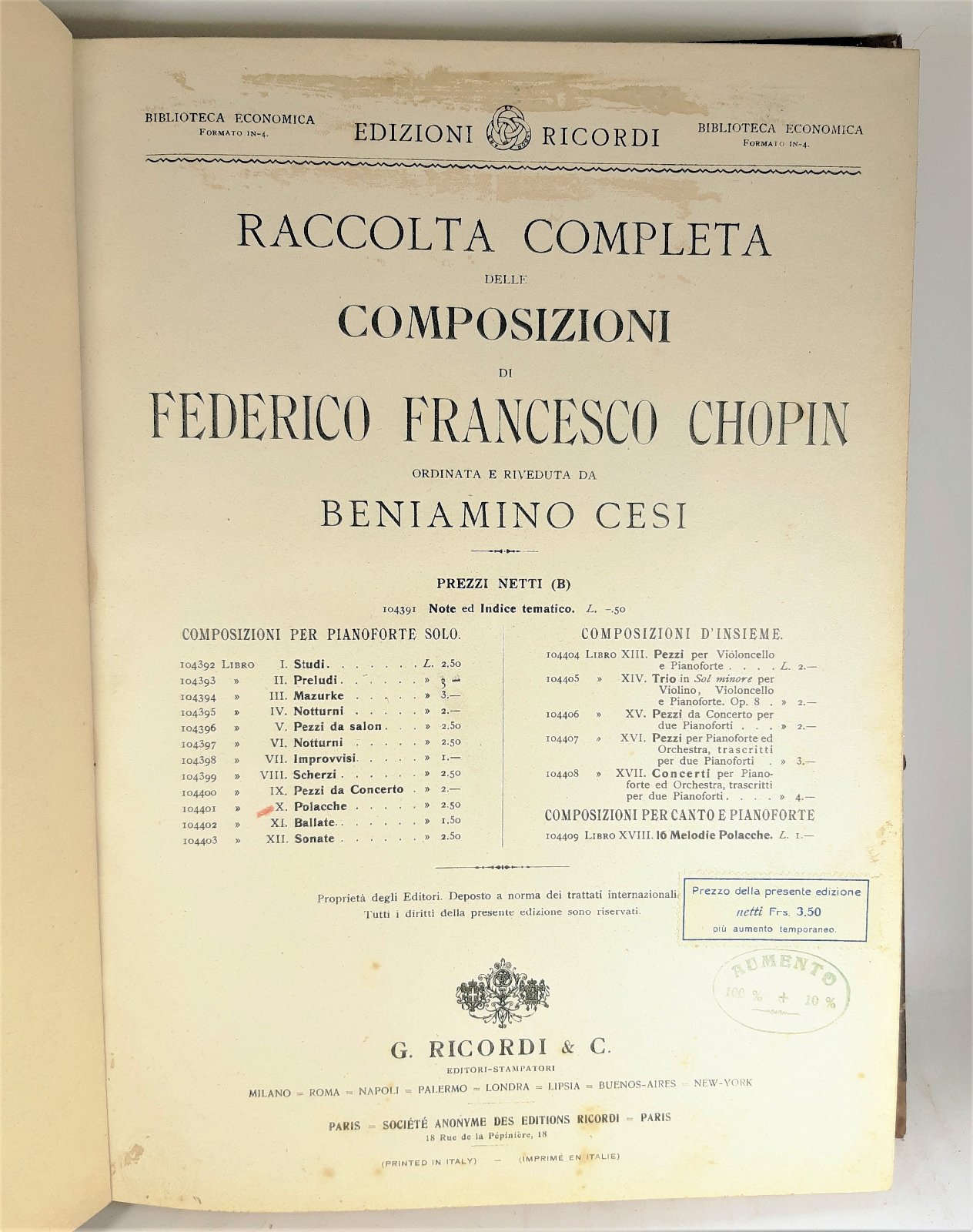 Spartito Raccolta completa delle composizioni di Federico Francesco Chopin ordinata …
