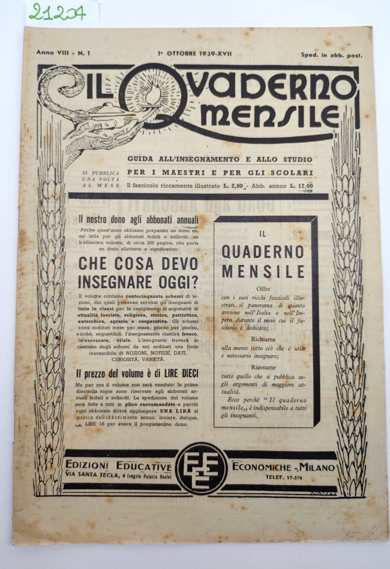 Il quaderno mensile n. 1 1939 guida all'insegnamento e allo …