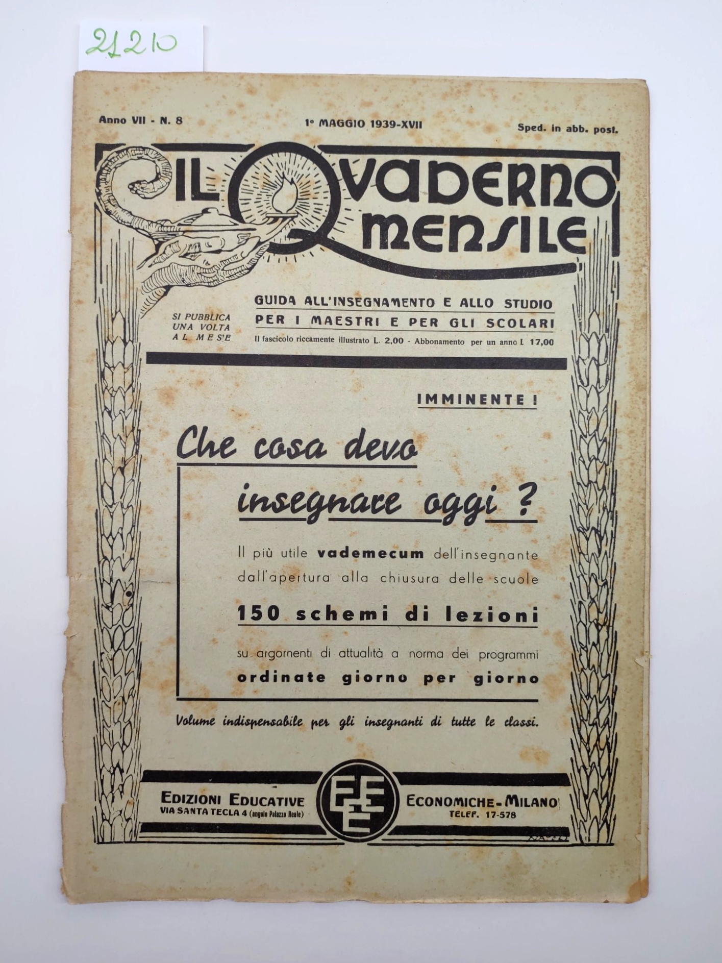 Il quaderno mensile n. 8 1939 guida all'insegnamento allo studio …