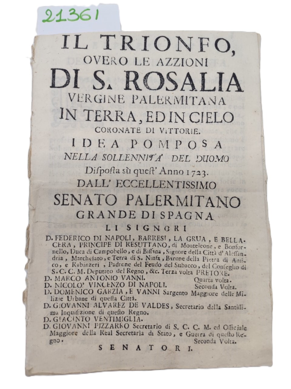Il trionfo ovvero le azzioni di S. Rosalia vergine palermitana …