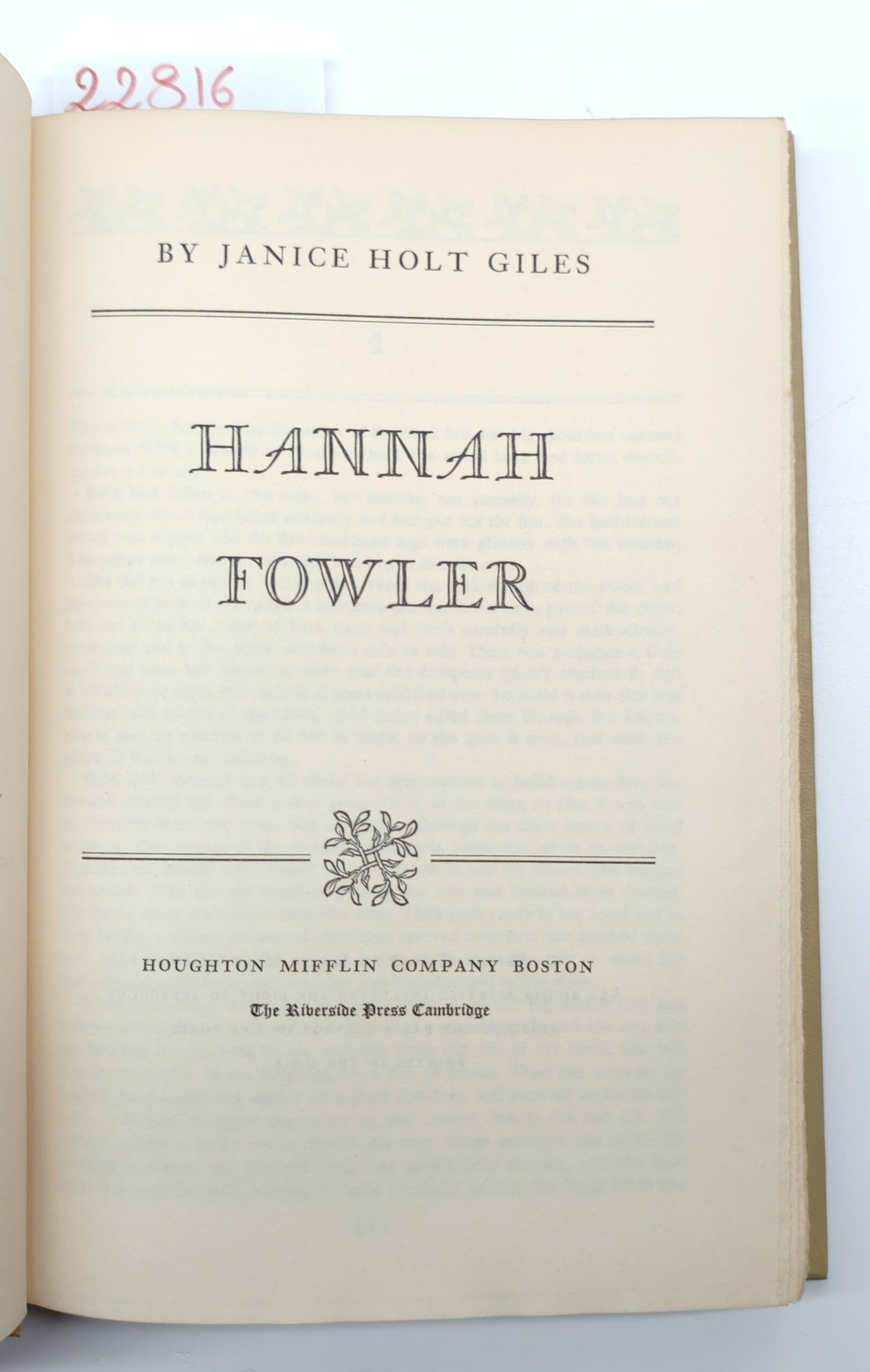 Janice Holt Giles Hannah Fowler Mifflin Company 1956