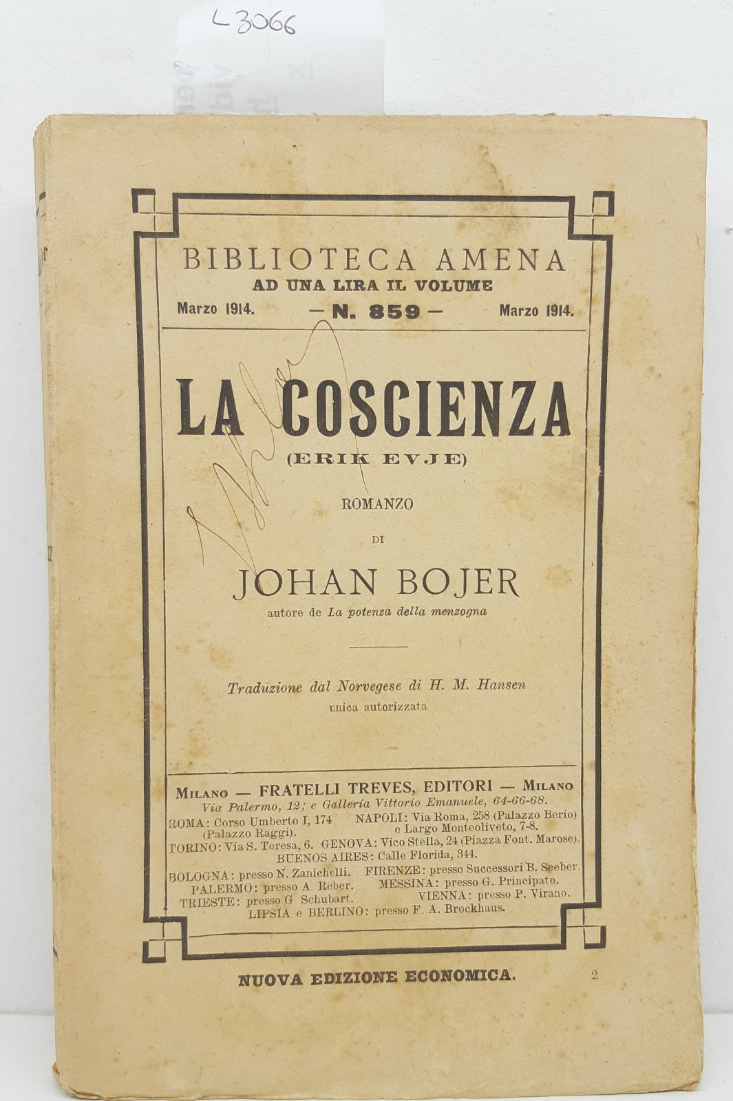 Johan Bojer La coscienza (Erik Evje) Treves 1914 Abela Carboneria