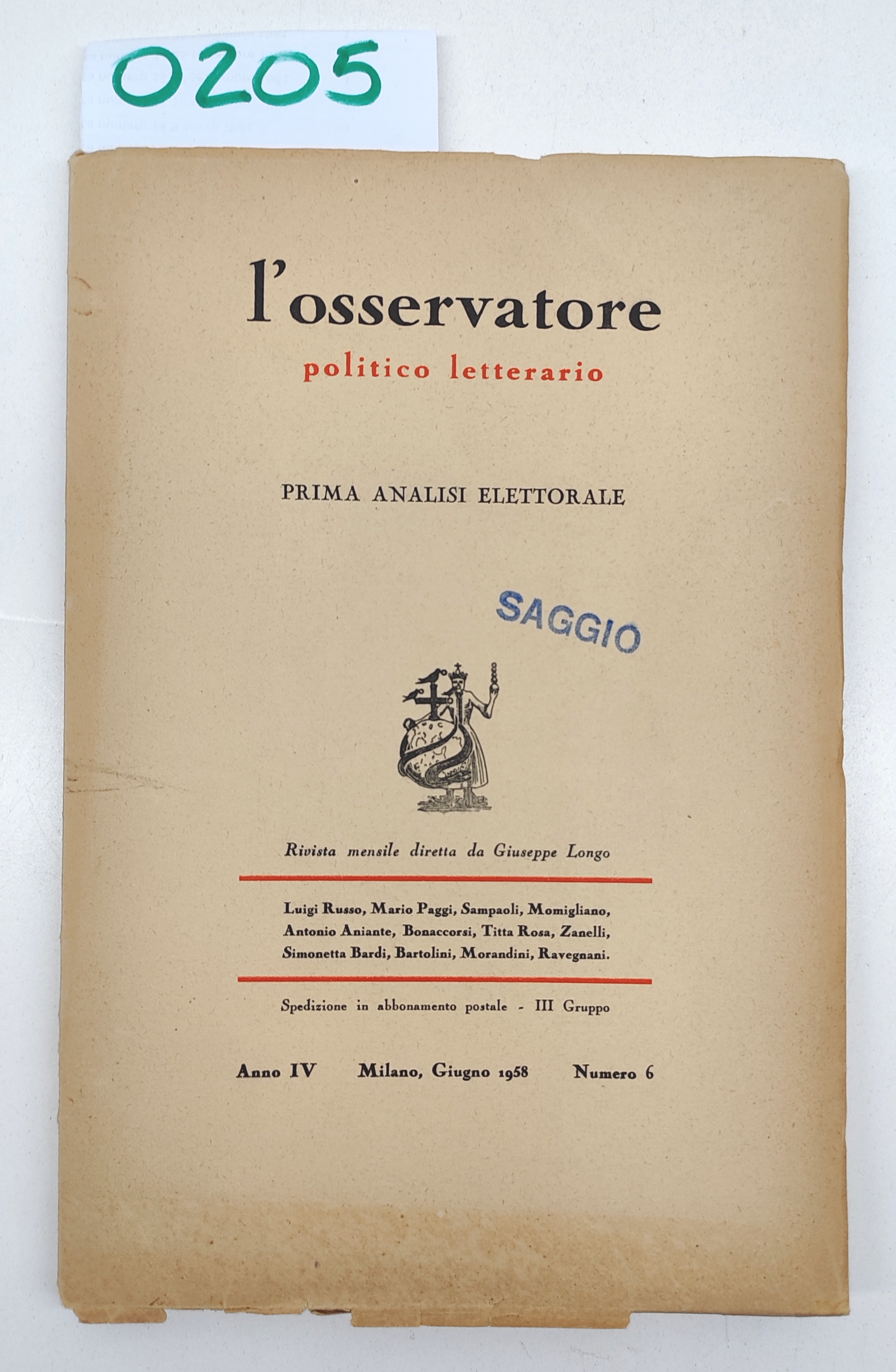 L'OSSERVATORE POLITICO LETTERARIO PRIMA ANALISI ELETTORALE 1958 ANNO IV N. …