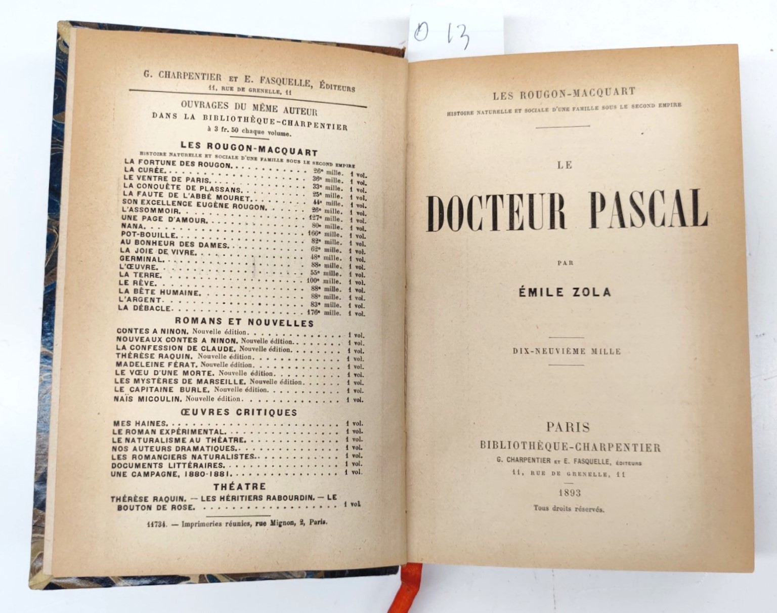 Emile Zola Le Doctor Pascal Bibliotheque Charpentier 1893