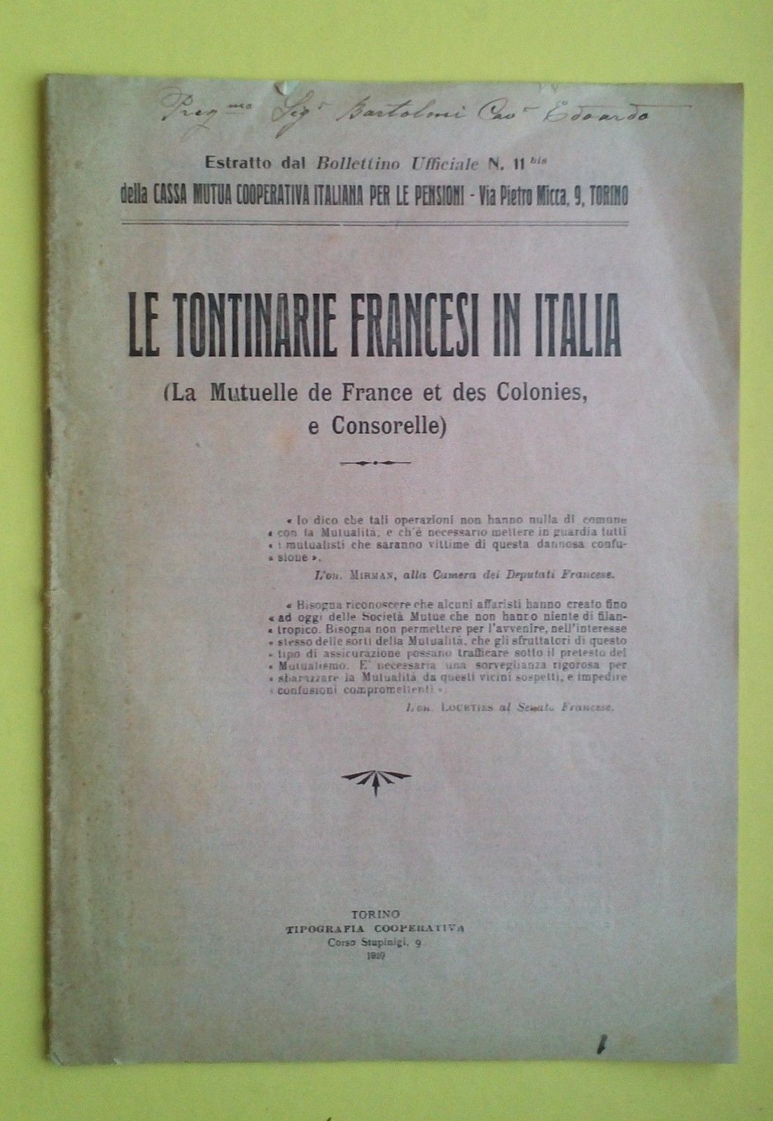 Le Tontinarie Francesi In Italia-Estratto Boll.Ufficiale N. 11 Torino 1910-L2627
