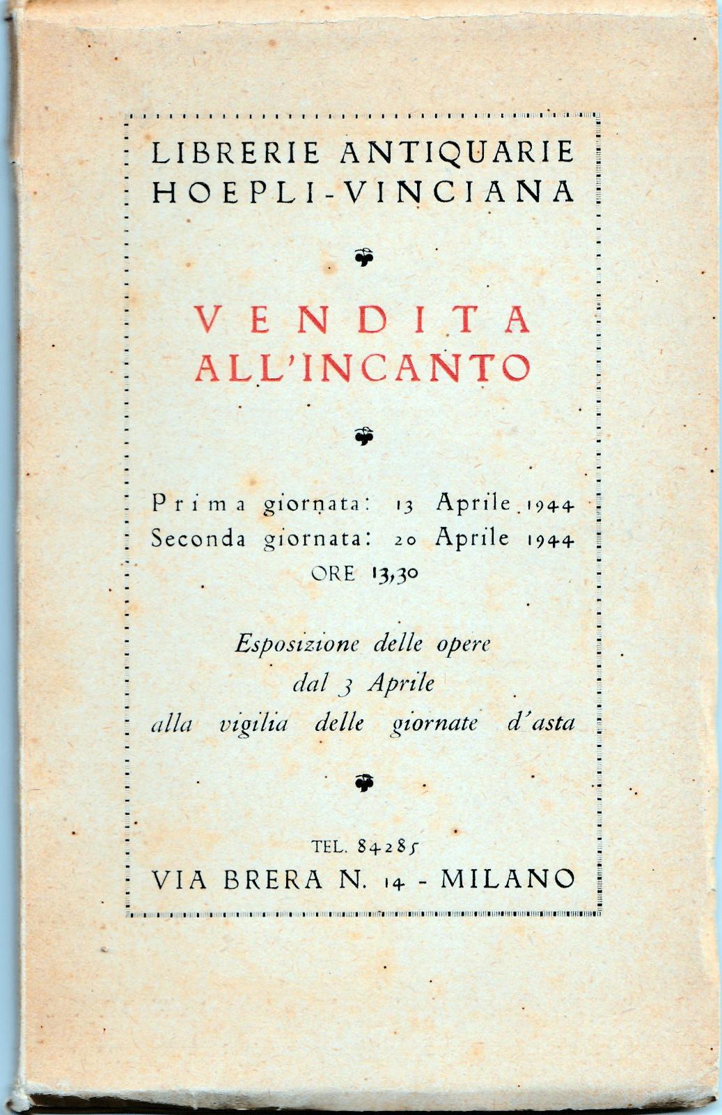 Librerie Antiquarie Hoepli-Vinciana Vendita All'incanto 1944-L4256
