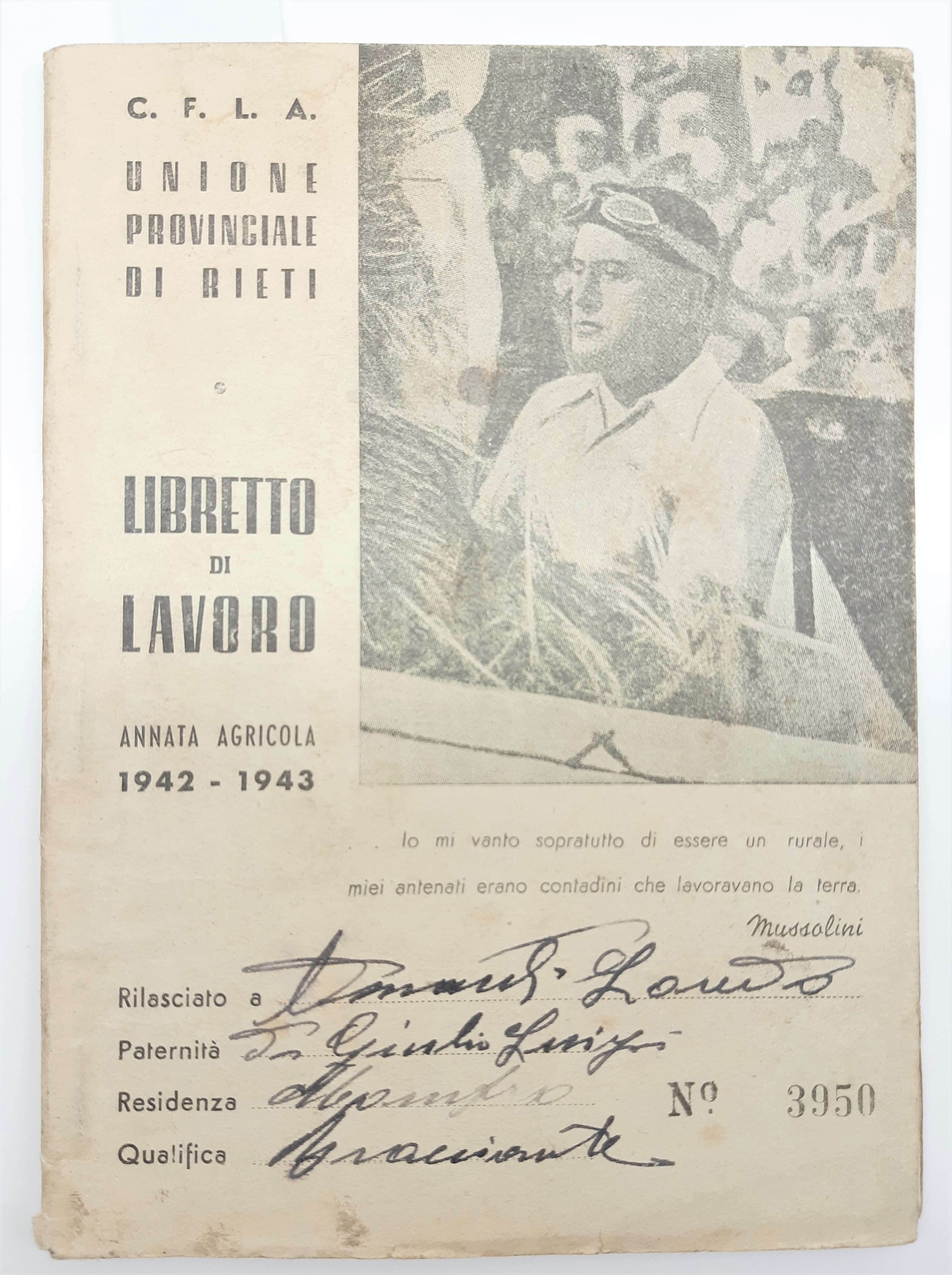 Libretto di lavoro Unione provinciale di Rieti annata agricola 1942-1943