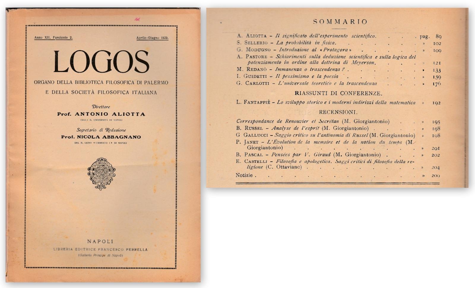 LOGOS Biblioteca Filosofica Di Palermo 1929 Aprile-Giugno ALIOTTA ABBAGNANO