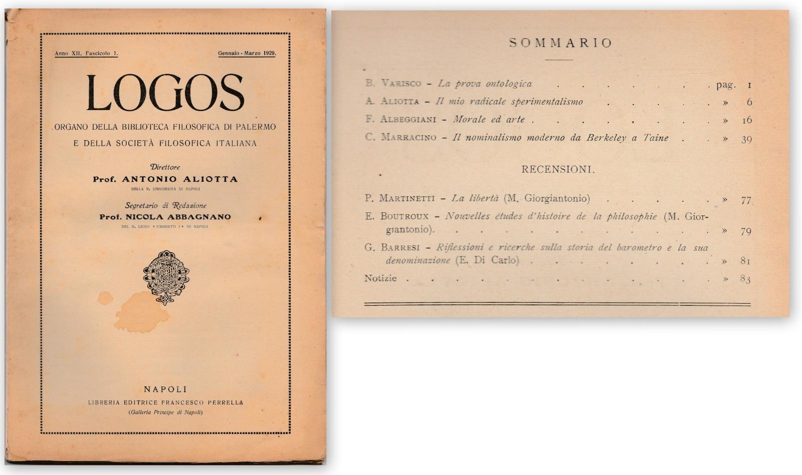 Logos Biblioteca Filosofica Di Palermo 1929 Gennaio-Marzo Aliotta Abbagnano