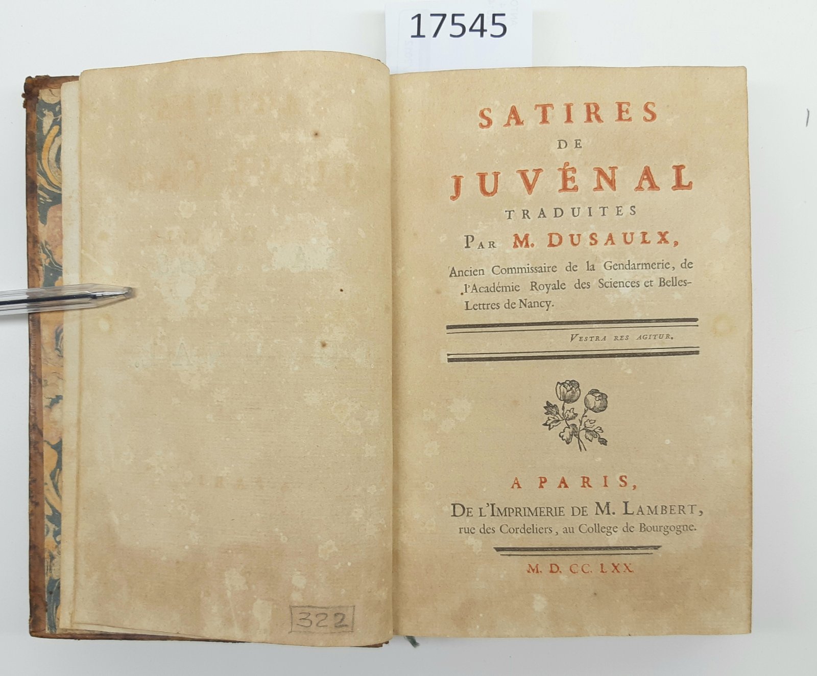 M. Dusaulx Satires De Juvenal Traduites Par Paris 1770