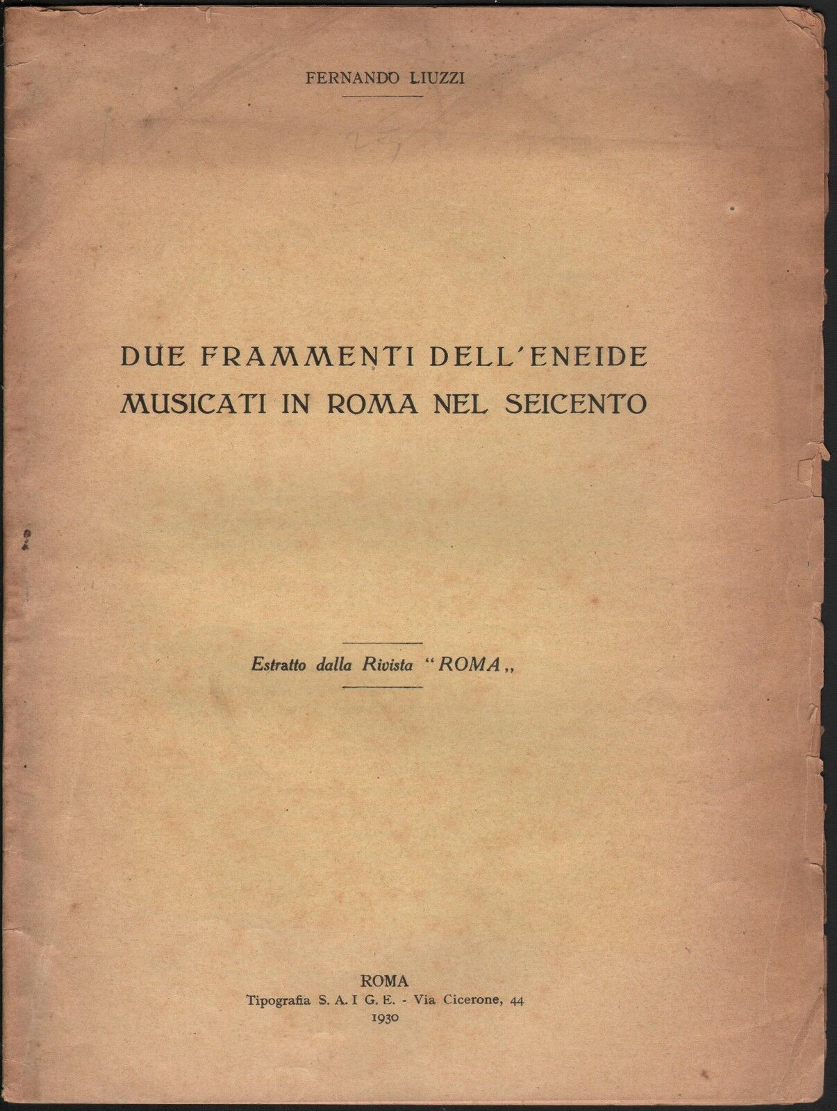 Musica-Due Frammenti Dell'eneide Musicati In Roma Nel Seicento-Roma 1930-L531