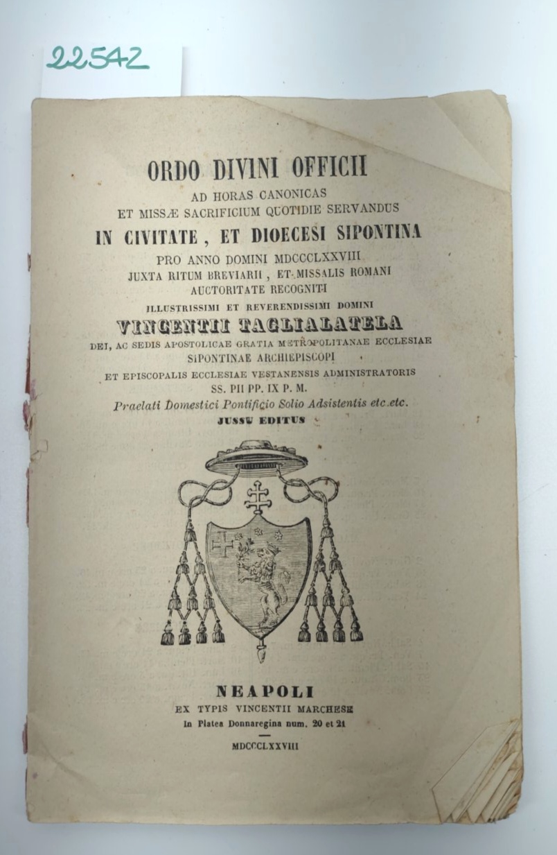 ORDO Sipontina 1878 NAPOLI Arcivescovo TAGLIALATELA Directorium Storico