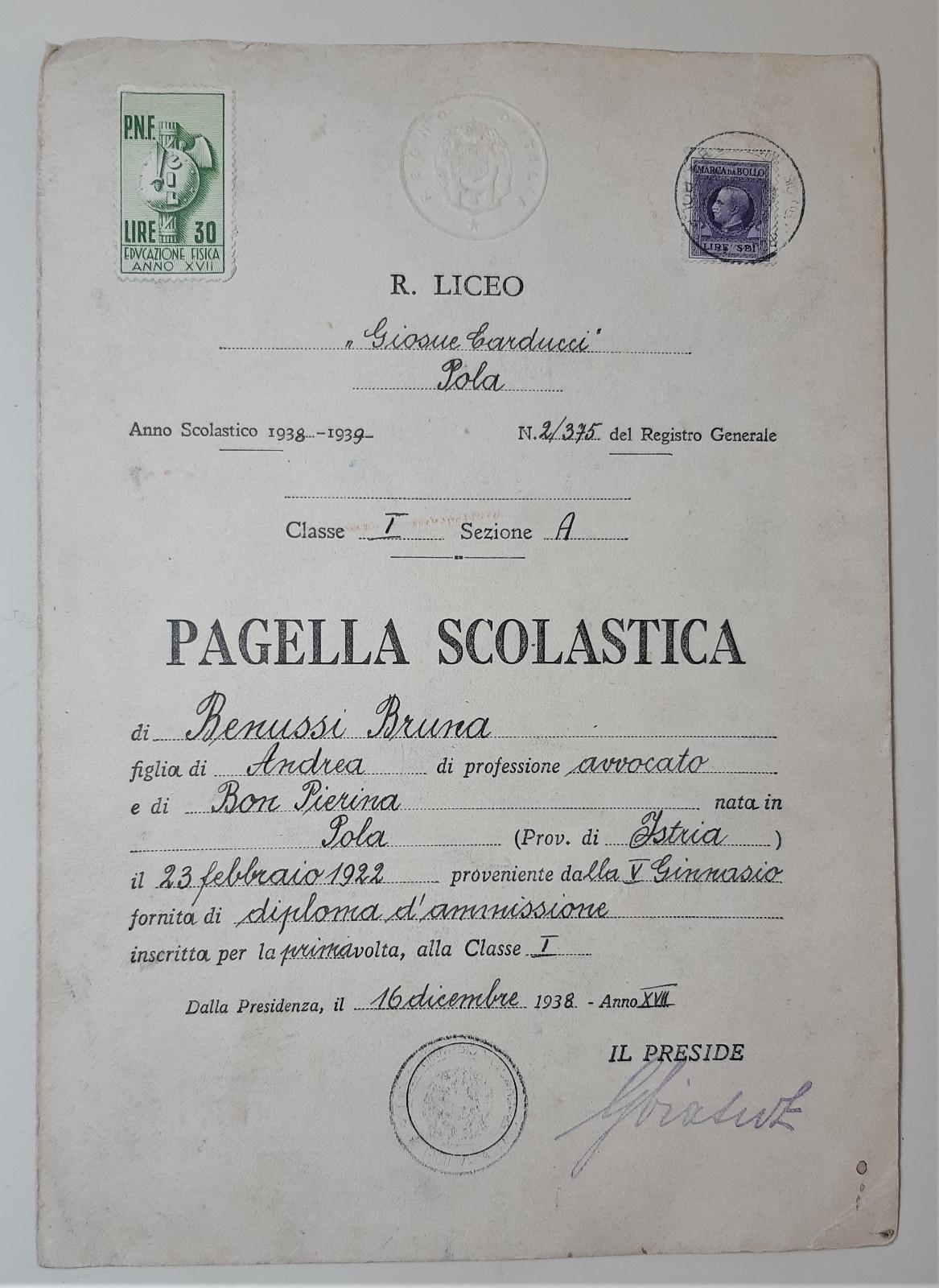 Pagella scolastica 1938 Pola Istria