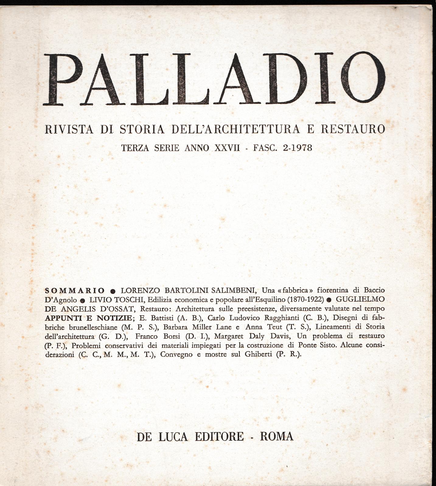 Palladio Rivista Di Storia Dell'architettura E Restauro Terza Serie 2/1978 …