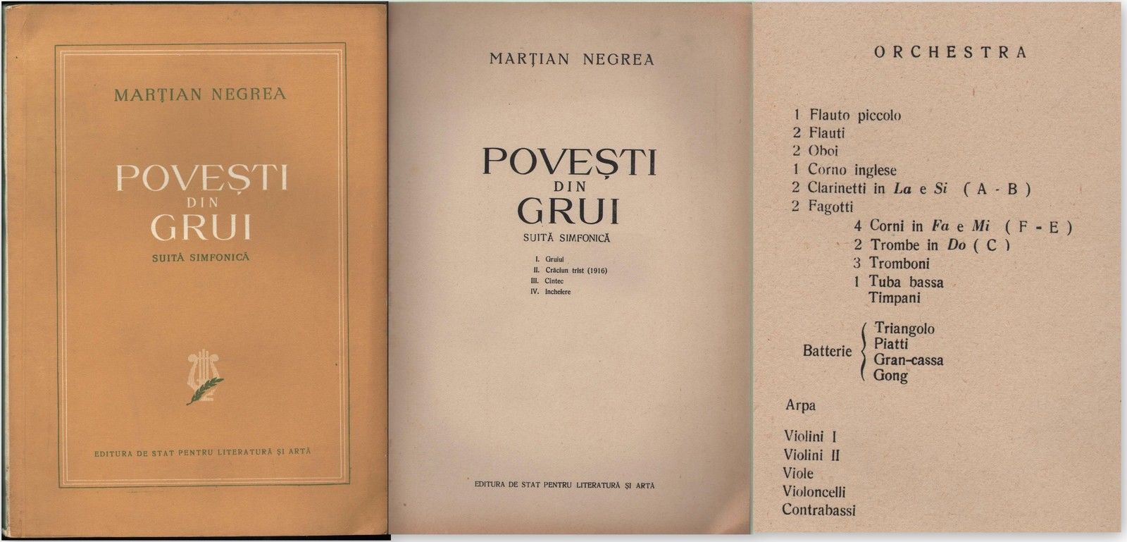 PARTITURA-SCOR MUZICALE-POVESTI DIN GRUI-MARTIAN NEGREA-1956-Exemplare-541/1100