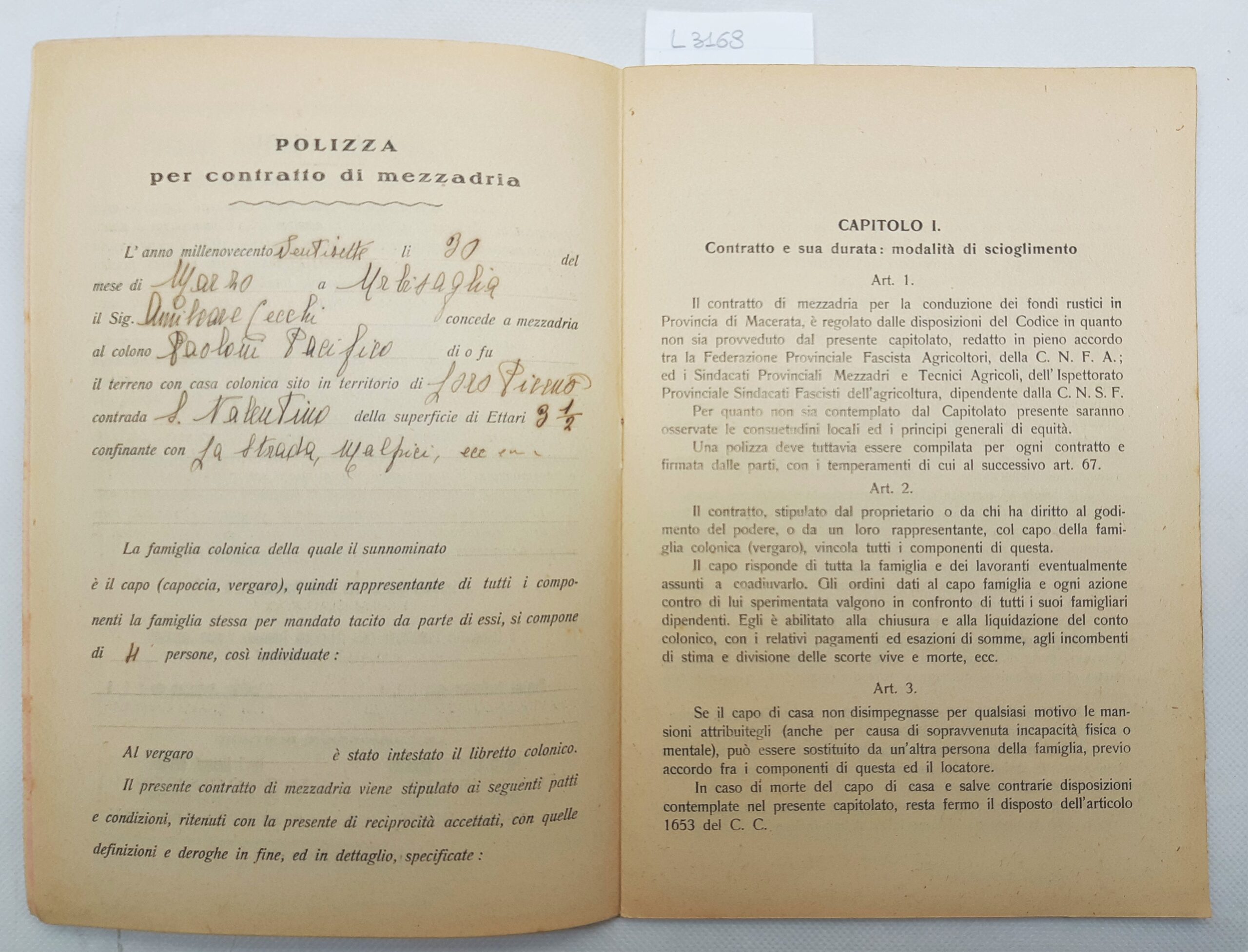 Patto colonico fascista per la provincia di Macerata agricoltori 1926 …