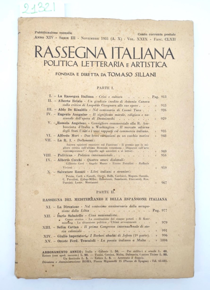 Rassegna italiana politica letteraria ed artistica novembre 1931 Tomaso Sillani